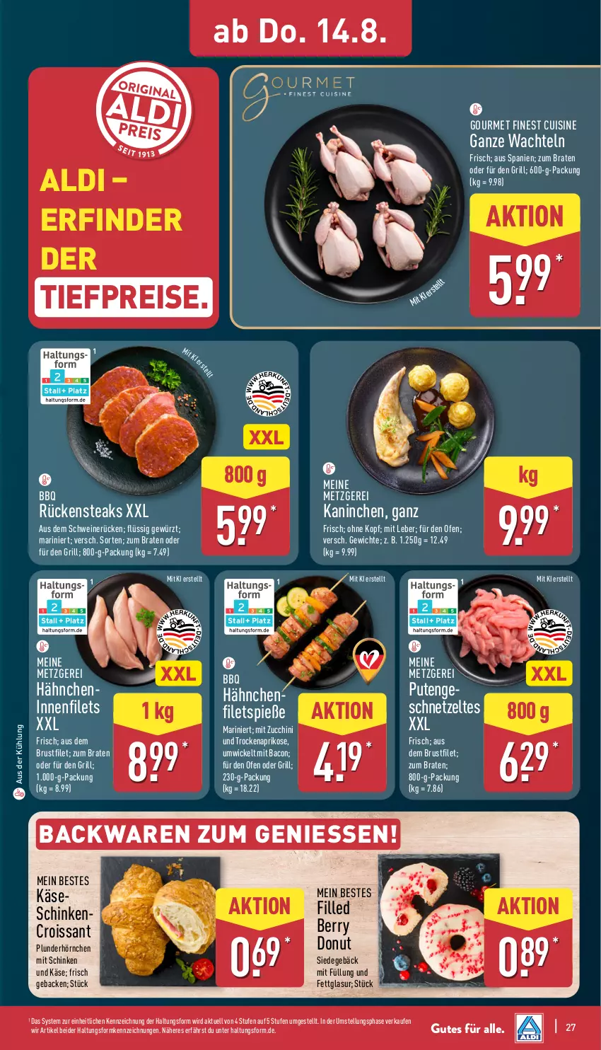 Aktueller Prospekt Aldi Nord - Von Montag - von 11.08 bis 16.08.2025 - strona 27 - produkty: aldi, aprikose, backwaren, bacon, braten, brustfilet, Croissant, Donut, eis, filet, filets, geback, geschnetzeltes, gewürz, grill, hörnchen, Käse, Ofen, Plunder, pute, Putengeschnetzeltes, reis, Rückensteak, rückensteaks, schinken, schwein, schweine, schweinerücken, steak, steaks, Ti, tiefpreis, wein, weine, WICK, Zelt, zucchini