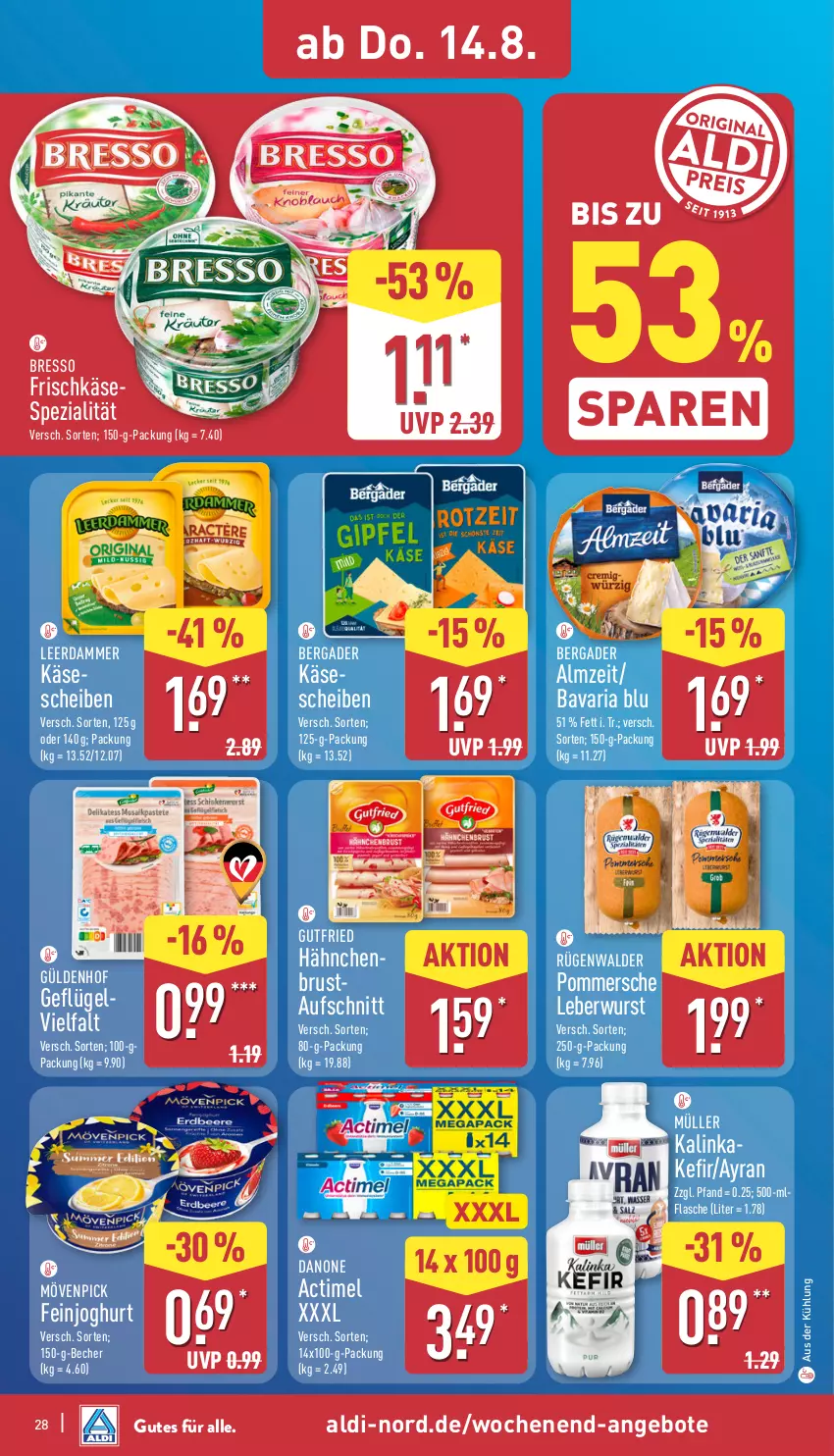 Aktueller Prospekt Aldi Nord - Von Montag - von 11.08 bis 16.08.2025 - strona 28 - produkty: actimel, aldi, angebot, angebote, aufschnitt, Ayran, bavaria blu, Becher, bergader, bresso, danone, Elvie, feinjoghurt, flasche, frischkäse, Geflügel, gutfried, hähnchenbrust, joghur, joghurt, Käse, käsescheiben, Kefir, leberwurst, leerdammer, mövenpick, Müller, Pommersche, Ria, rügenwalder, Spezi, Ti, wurst