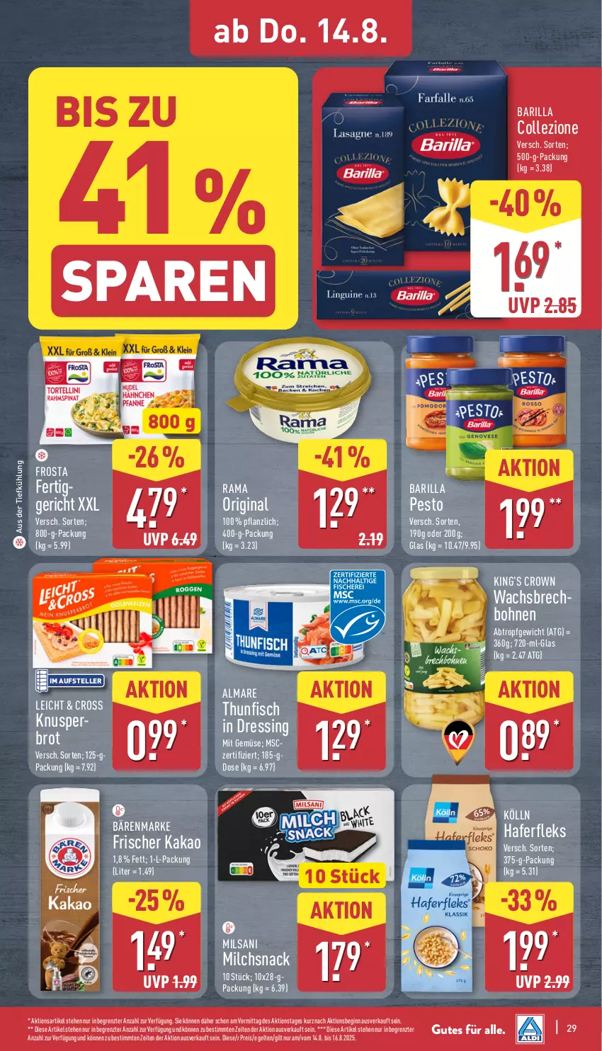 Aktueller Prospekt Aldi Nord - Von Montag - von 11.08 bis 16.08.2025 - strona 29 - produkty: almare, aus der tiefkühlung, bärenmarke, barilla, bohne, bohnen, brot, dressing, eis, elle, fertiggericht, fisch, frosta, gin, hafer, haferfleks, kakao, kölln, milch, mit gemüse, pesto, rama, reis, snack, teller, thunfisch, Ti, ZTE