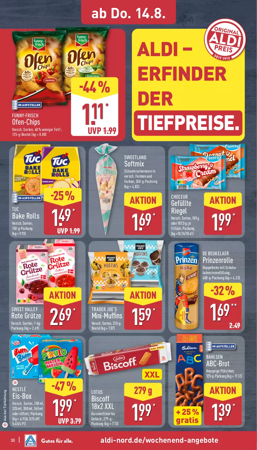 Aktueller Prospekt Aldi Nord - Von Montag - von 11.08 bis 16.08.2025 - strona 30 - produkty: aldi, angebot, angebote, aus der tiefkühlung, bahlsen, beutel, biscoff, brot, chips, creme, de beukelaer, eis, elle, funny-frisch, grütze, karamell, keks, Lätzche, Muffin, muffins, nestlé, Ofen, prinzenrolle, reis, riegel, Rote Grütze, Schaumzucker, schoko, schokolade, schokoladen, Sweetland, teller, Ti, tiefpreis, tuc, zucker