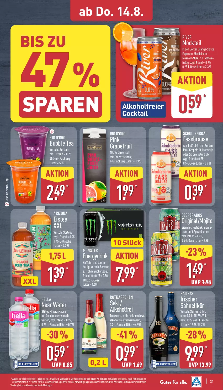 Aktueller Prospekt Aldi Nord - Von Montag - von 11.08 bis 16.08.2025 - strona 31 - produkty: alkohol, Alwa, baileys, bier, brause, chips, cocktail, desperados, direktsaft, drink, eier, eis, eistee, elle, ente, espresso, fassbrause, flasche, fleisch, frucht, fruchtfleisch, getränk, gin, grapefruit, hella, kartoffel, kartoffelchips, likör, mac, maracuja, martini, mineralwasser, mit frucht, mojito, monster, natur, orange, rotkäppchen, saft, sahne, sekt, tee, teller, Ti, wasser, wein, zitrone, ZTE, zucker