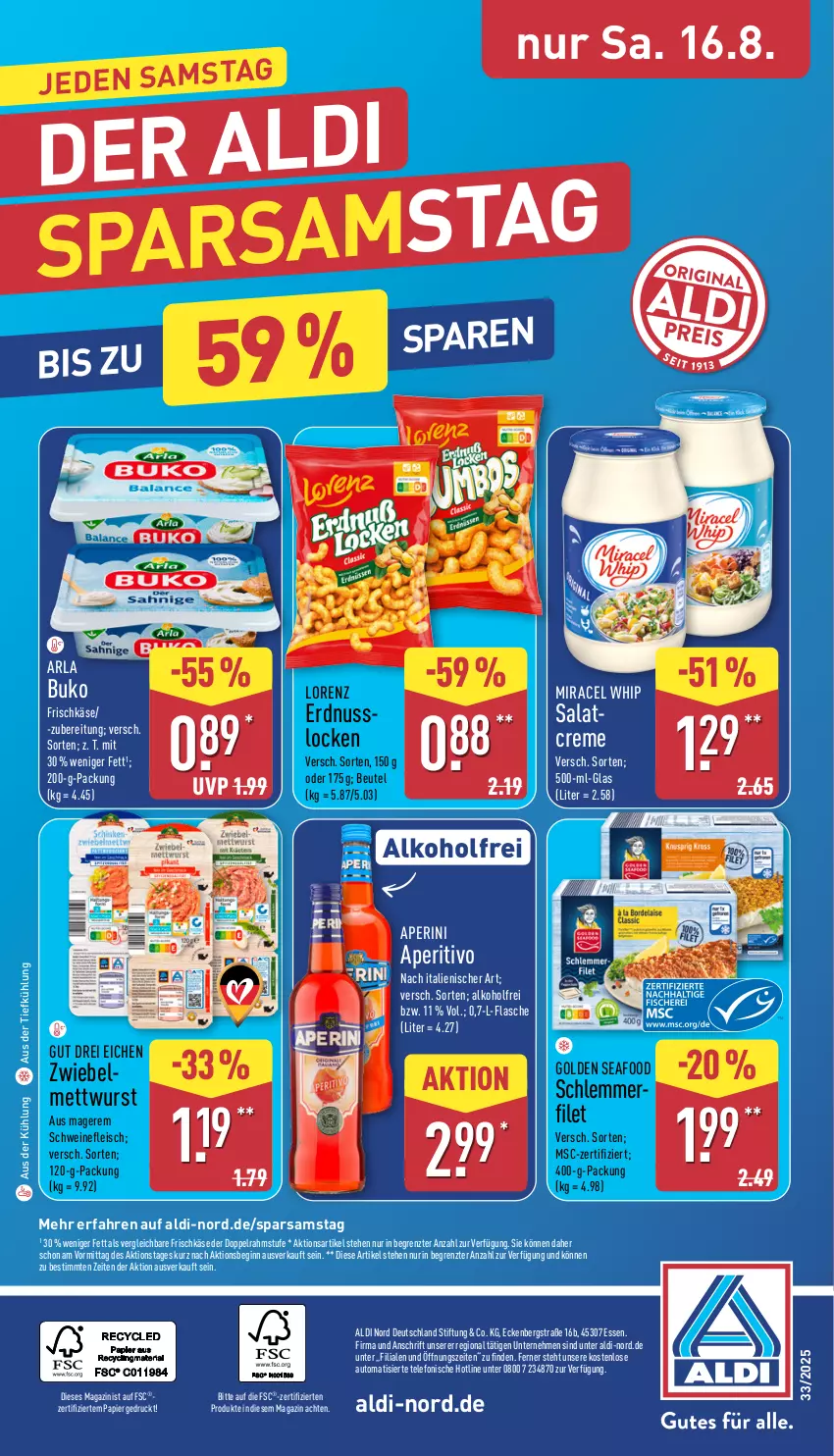 Aktueller Prospekt Aldi Nord - Von Montag - von 11.08 bis 16.08.2025 - strona 36 - produkty: aldi, alkohol, arla, arla buko, aus der tiefkühlung, auto, beutel, Buko, creme, doppelrahmstufe, eis, erdnuss, filet, flasche, fleisch, frischkäse, gin, Käse, lorenz, magazin, Mett, mettwurst, miracel, miracel whip, nuss, papier, salat, salatcreme, schlemmerfilet, schwein, schweine, schweinefleisch, telefon, Ti, wein, weine, wurst, ZTE, zwiebel, zwiebelmettwurst