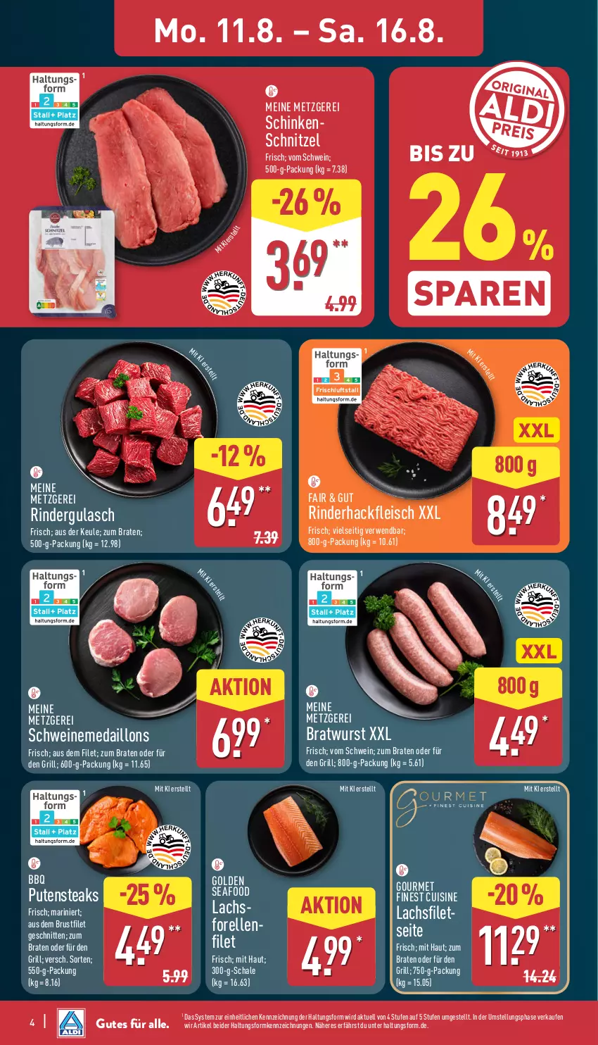 Aktueller Prospekt Aldi Nord - Von Montag - von 11.08 bis 16.08.2025 - strona 4 - produkty: braten, bratwurst, brustfilet, eis, elle, filet, filets, fleisch, forelle, grill, gulasch, hackfleisch, lachs, lachsfilet, lachsfilets, medaillons, pute, putensteaks, rel, rind, rinder, rindergulasch, rinderhackfleisch, rwe, Schal, Schale, schinken, schinkenschnitzel, schnitten, schnitzel, schwein, schweine, steak, steaks, Ti, wein, weine, wurst