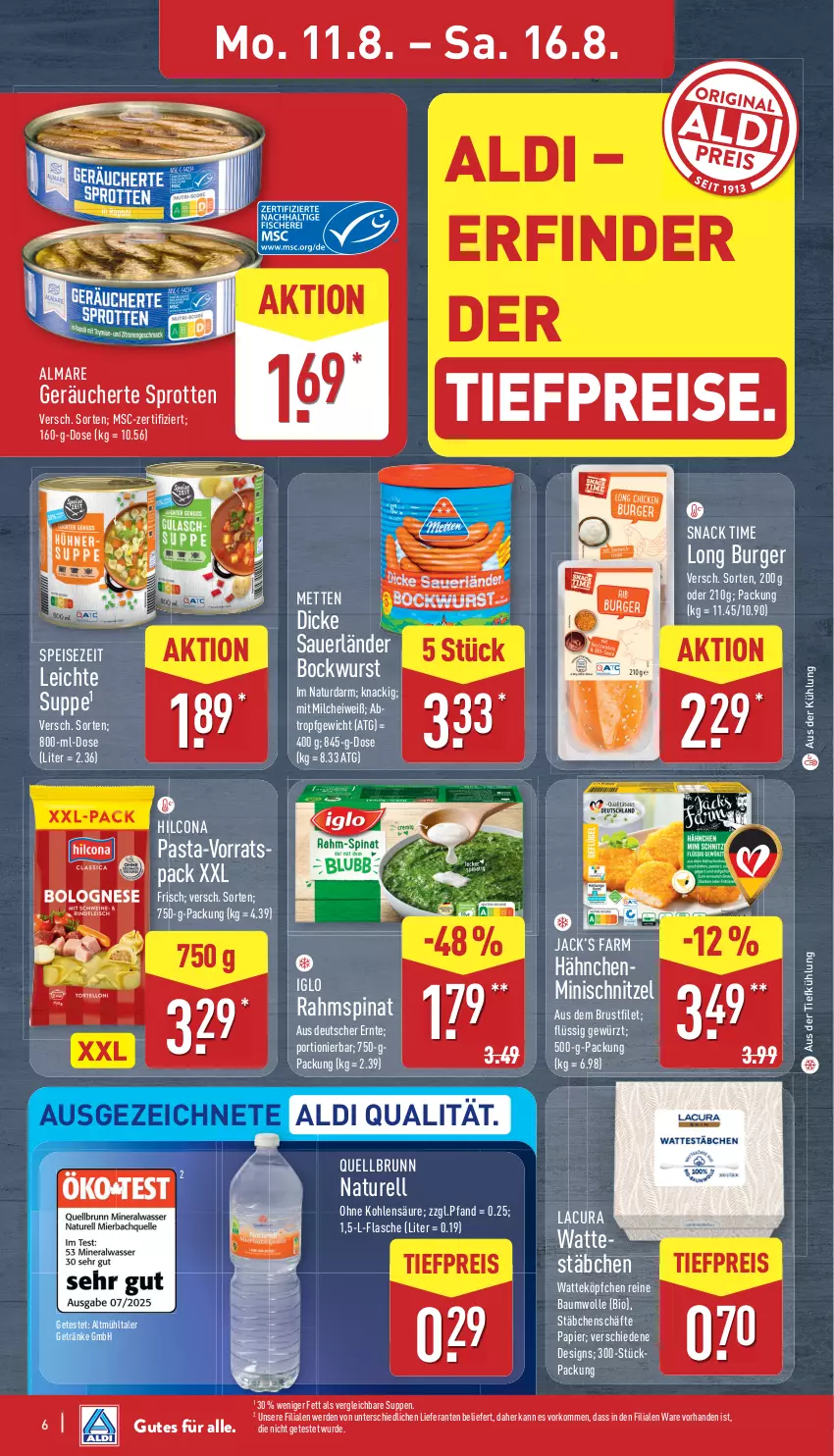 Aktueller Prospekt Aldi Nord - Von Montag - von 11.08 bis 16.08.2025 - strona 6 - produkty: aldi, almare, auer, aus der tiefkühlung, Bau, baumwolle, bio, bockwurst, brustfilet, burger, Dicke Sauerländer Bockwurst, eis, erde, filet, flasche, getränk, getränke, gewürz, hilcona, iglo, Mett, metten, milch, natur, papier, pasta, Quellbrunn, reine baumwolle, reis, rel, schnitzel, snack, snack time, spinat, Sprotten, suppe, suppen, Ti, tiefpreis, Wattestäbchen, wolle, wurst