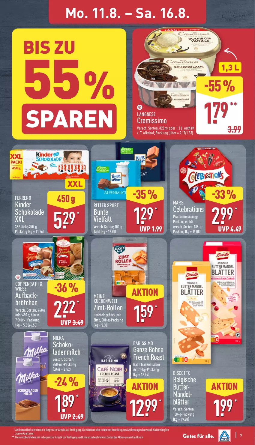Aktueller Prospekt Aldi Nord - Von Montag - von 11.08 bis 16.08.2025 - strona 7 - produkty: alkohol, biscotto, bohne, brötchen, butter, coppenrath, cremissimo, ferrero, gin, Hefe, Kinder, kinder schokolade, kuchen, langnese, langnese cremissimo, LG, mandel, mars, milch, milka, milka schokolade, pralinen, ritter, ritter sport, schoko, schokolade, schokoladen, sim, Sport, Ti, ZTE
