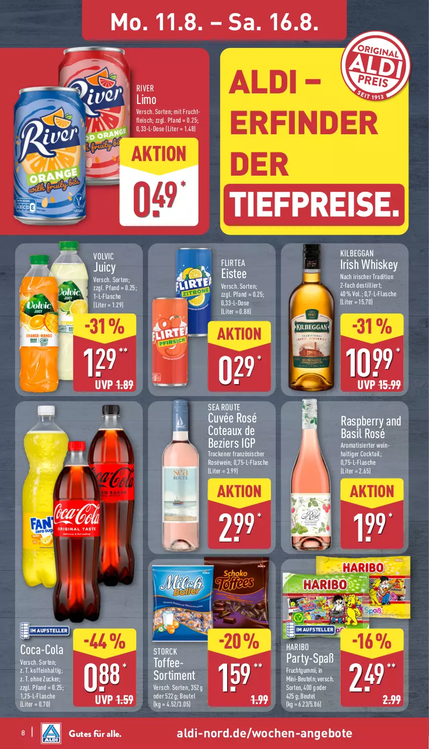 Aktueller Prospekt Aldi Nord - Von Montag - von 11.08 bis 16.08.2025 - strona 8 - produkty: aldi, angebot, angebote, beutel, coca-cola, cocktail, cola, cuvée, eis, eistee, elle, flasche, fleisch, frucht, fruchtfleisch, fruchtgummi, haribo, irish whiskey, kilbeggan, limo, mit frucht, raspberry, reis, roséwein, storck, tee, teller, Ti, tiefpreis, volvic, wein, whiskey, zucker