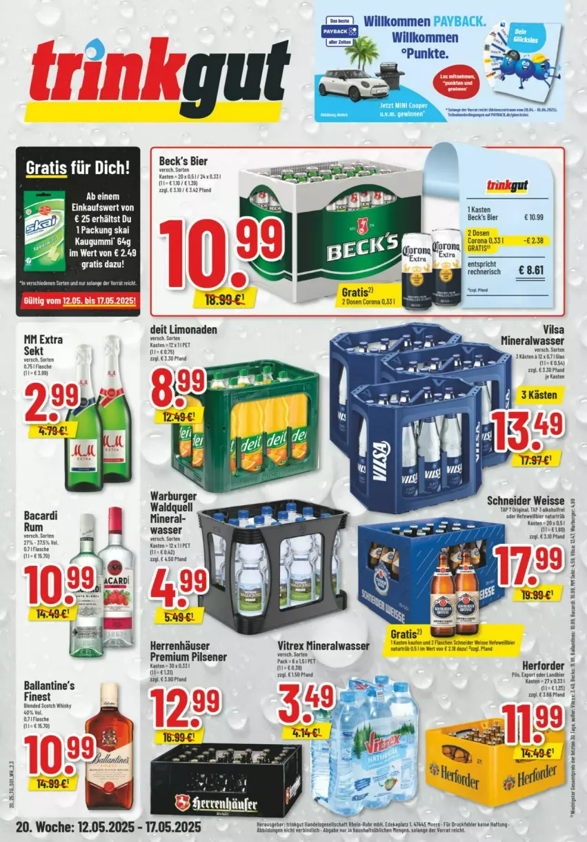 Aktueller Prospekt Trinkgut - Prospekte - von 11.05 bis 17.05.2025 - strona 1 - produkty: alkohol, Alwa, bacardi, ball, Ballantine's, beck's, becks, bier, blended scotch, blended scotch whisky, burger, corona, deit, eis, flasche, gin, kaugummi, limo, limonade, limonaden, Maus, mineralwasser, mm extra, natur, payback, pils, pilsener, premium pils, reis, rum, scotch, scotch whisky, sekt, Ti, vilsa, vitrex, wasser, whisky, ZTE