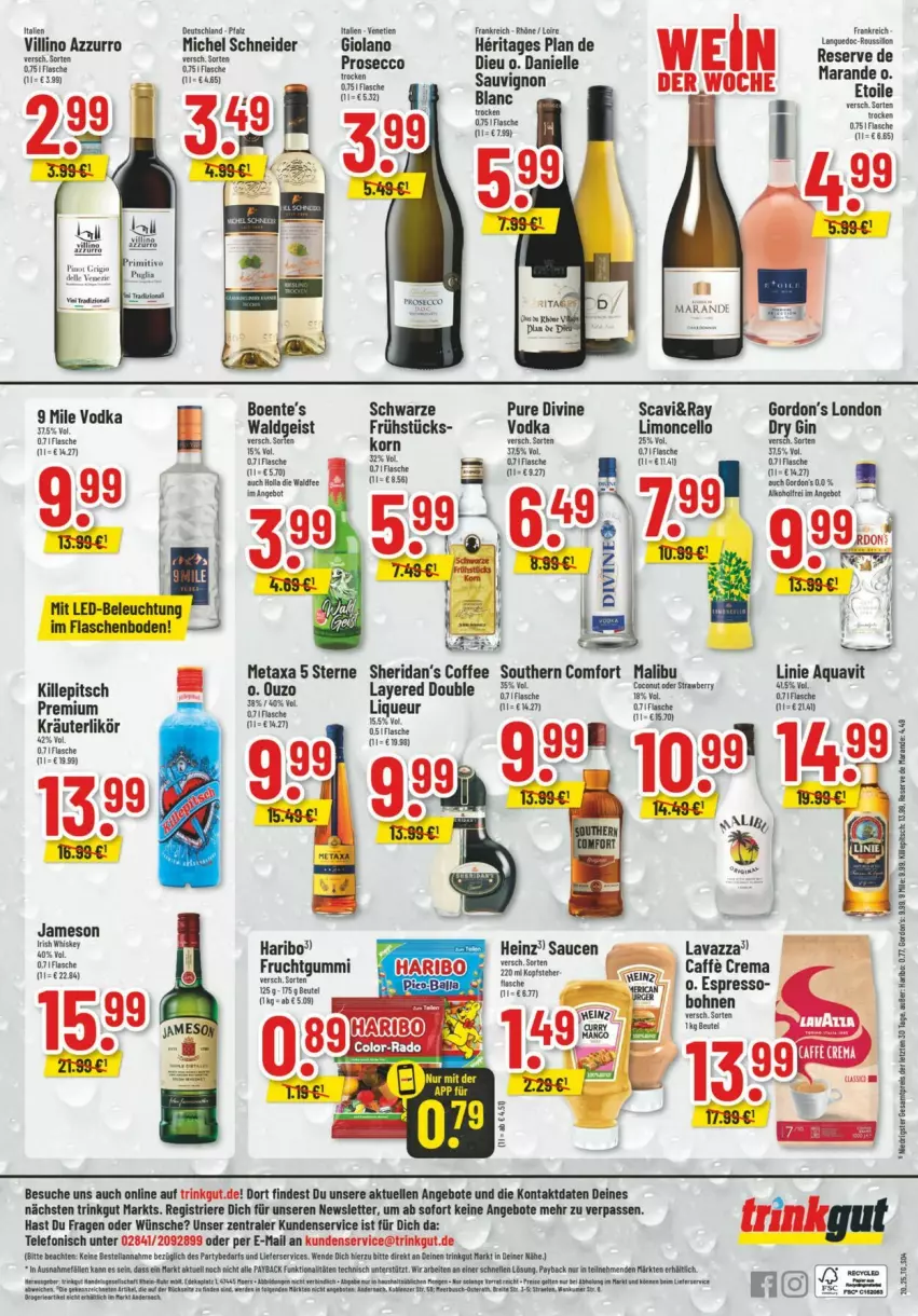Aktueller Prospekt Trinkgut - Prospekte - von 11.05 bis 17.05.2025 - strona 6 - produkty: angebot, angebote, aqua, aquavit, beleuchtung, beutel, bohne, bohnen, ecco, eis, elle, ente, espresso, flasche, frucht, fruchtgummi, heinz, korn, kräuter, kräuterlikör, led-beleuchtung, likör, limo, liqueur, Malibu, Metaxa, Michel Schneider, mit led-beleuchtung, prosecco, sauce, saucen, sauvignon, Southern Comfort, telefon, Ti, tisch, vodka