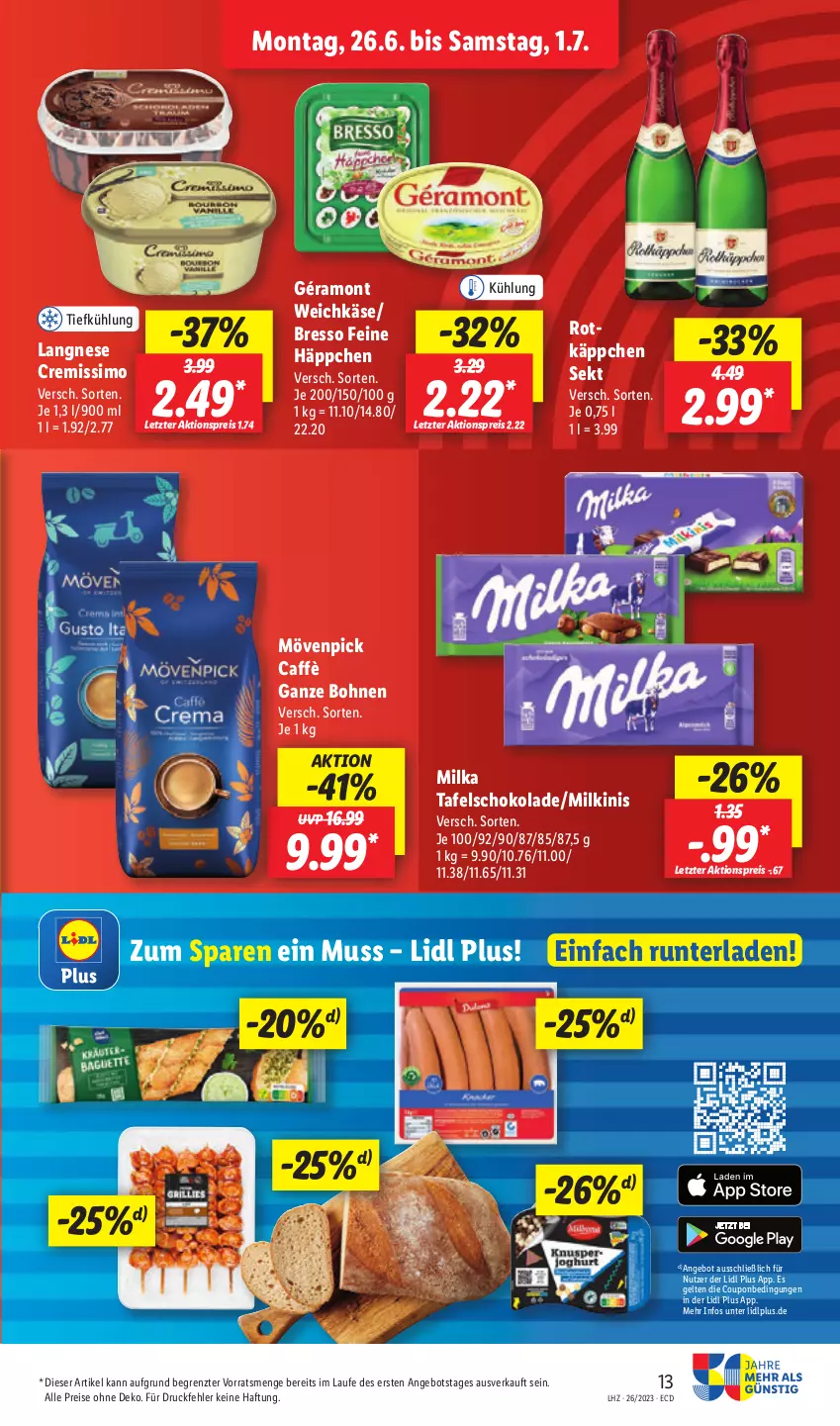 Aktueller Prospekt Lidl - Aktionsprospekt - von 26.06 bis 01.07.2023 - strona 13 - produkty: aktionspreis, angebot, bohne, bohnen, bresso, coupon, cremissimo, eis, géramont, Käse, langnese, langnese cremissimo, milka, mövenpick, reis, schoko, schokolade, sekt, sim, tafelschokolade, Ti, weichkäse, ZTE