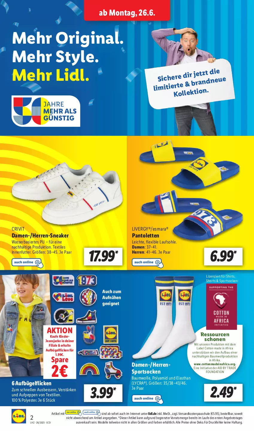 Aktueller Prospekt Lidl - Aktionsprospekt - von 26.06 bis 01.07.2023 - strona 2 - produkty: angebot, Bau, baumwolle, bügel, crivit, dell, eis, elle, esmara, gin, herren-sneaker, Jacke, jeans, Jeansjacke, Kinder, livergy, Mode, ndk, pantolette, pantoletten, reis, Schal, Schale, shirt, shirts, shorts, sneaker, socken, Sport, sportsocken, Ti, usb, wasser, wolle, ZTE