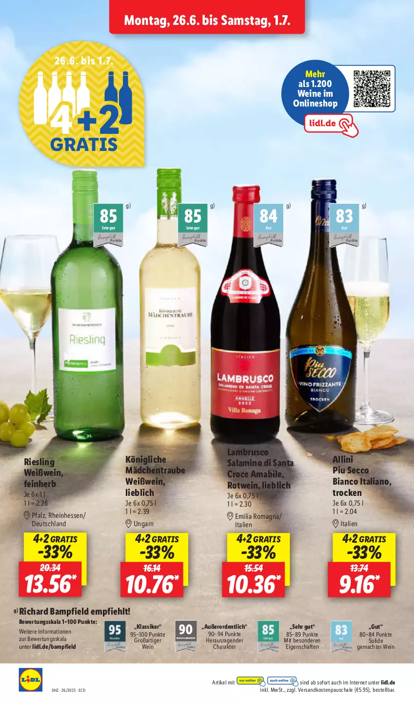 Aktueller Prospekt Lidl - Aktionsprospekt - von 26.06 bis 01.07.2023 - strona 20 - produkty: ecco, Lambrusco, mab, mac, ndk, riesling, rotwein, salami, Schal, Schale, Ti, wein, weine, Weißwein