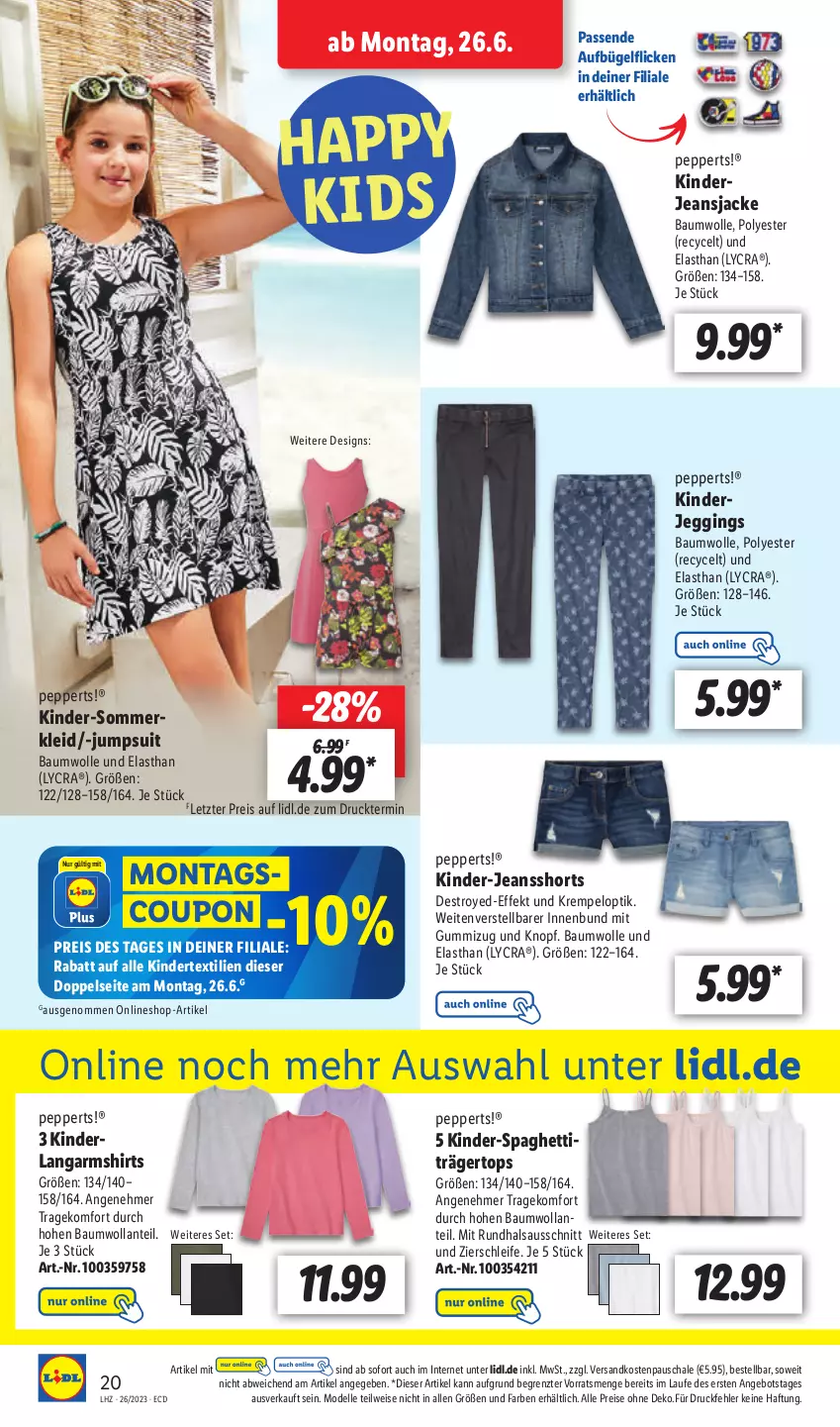 Aktueller Prospekt Lidl - Aktionsprospekt - von 26.06 bis 01.07.2023 - strona 26 - produkty: angebot, Bau, baumwolle, bügel, coupon, dell, eis, elle, gin, Jacke, jeans, Jeansjacke, jumpsuit, Kinder, kleid, Langarmshirt, Mode, ndk, reis, Schal, Schale, shirt, shirts, shorts, Sommerkleid, spaghetti, Ti, wolle, ZTE