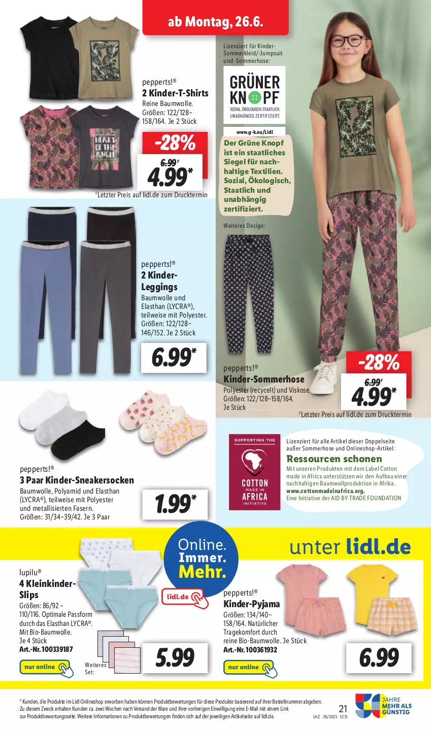 Aktueller Prospekt Lidl - Aktionsprospekt - von 26.06 bis 01.07.2023 - strona 27 - produkty: Bau, baumwolle, bio, bio-baumwolle, eis, gin, hose, jumpsuit, Kinder, Kinder-T-Shirt, kleid, leggings, lupilu, mit bio-baumwolle, Pyjama, reine baumwolle, reis, shirt, shirts, slip, slips, sneaker, sneakersocken, socken, Sommerkleid, T-Shirt, Ti, weck, wolle, ZTE