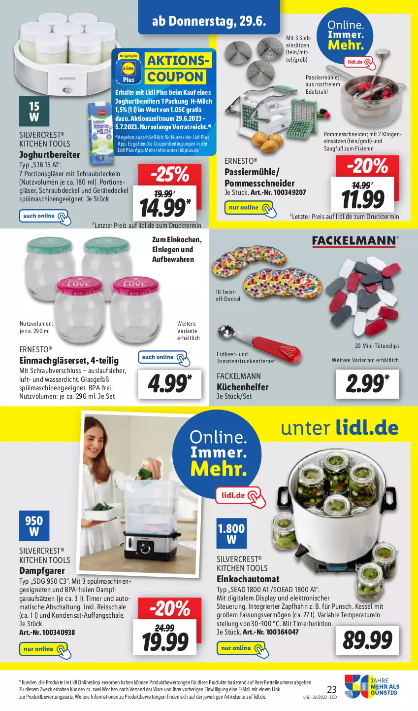 Aktueller Prospekt Lidl - Aktionsprospekt - von 26.06 bis 01.07.2023 - strona 29 - produkty: angebot, auto, coupon, decke, Deckel, edelstahl, eis, Elektro, ernesto, fackelmann, Gläser, joghur, joghurt, küche, Küchen, Küchenhelfer, mac, milch, Passiermühle, pommes, Pommesschneider, reis, reiss, Ria, Schal, Schale, silvercrest, spülmaschinen, Ti, timer, tisch, tomate, tomaten, Tüte, wasser, weck, ZTE