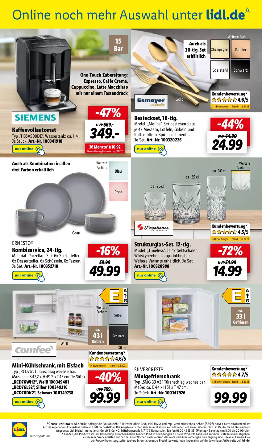 Aktueller Prospekt Lidl - Aktionsprospekt - von 26.06 bis 01.07.2023 - strona 32 - produkty: ACC, angebot, angebote, auto, Becher, besteck, besteckset, caffe, Cap, cappuccino, champagne, champagner, chia, cin, dell, dessert, Dessertteller, drink, edelstahl, eis, elle, ernesto, espresso, gabel, gefrierschrank, K2, kaffee, kaffeevollautomat, Kombiservice, kühlschrank, latte, latte macchiato, LG, Löffel, mac, macchiato, messer, Mode, ndk, reis, rel, Ria, Schal, Schale, Schrank, schüssel, sekt, silvercrest, Speiseteller, spülmaschinen, tasse, telefon, teller, Ti, türanschlag wechselbar, uhr, wasser, wassertank, weck, whisky, Whiskybecher