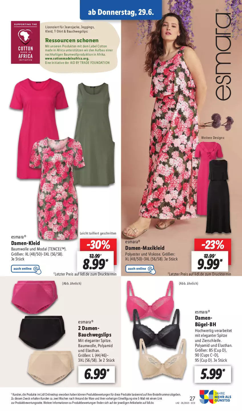 Aktueller Prospekt Lidl - Aktionsprospekt - von 26.06 bis 01.07.2023 - strona 35 - produkty: Bau, baumwolle, bügel, eis, esmara, gin, Jacke, jeans, Jeansjacke, kleid, maxikleid, reis, schnitten, shirt, slip, slips, T-Shirt, Ti, weck, wolle, ZTE