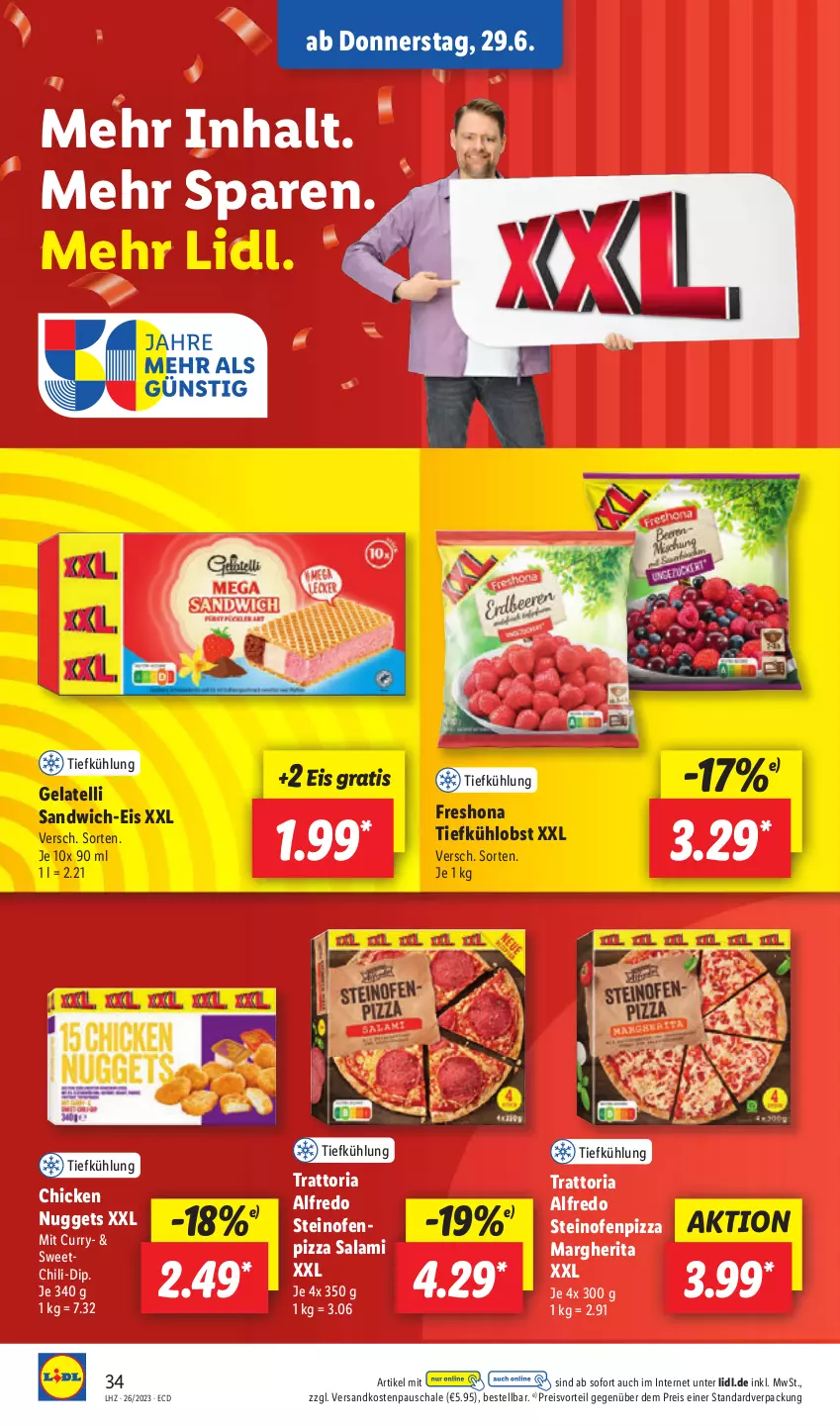 Aktueller Prospekt Lidl - Aktionsprospekt - von 26.06 bis 01.07.2023 - strona 42 - produkty: chicken nuggets, chili, curry, dip, eis, Gelatelli, margherita, ndk, nuggets, obst, Ofen, pizza, preisvorteil, reis, Ria, salami, sandwich, Schal, Schale, steinofen, Ti