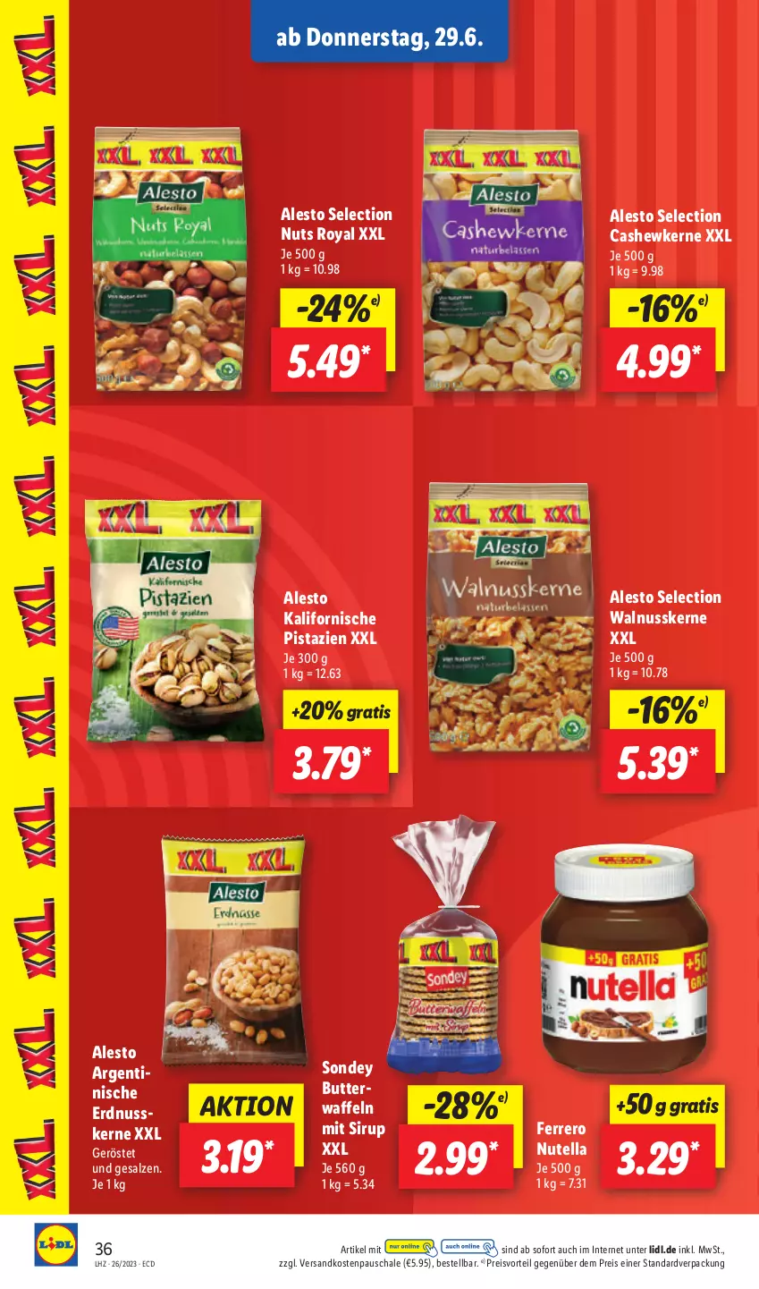 Aktueller Prospekt Lidl - Aktionsprospekt - von 26.06 bis 01.07.2023 - strona 44 - produkty: alesto, butter, Cashew, cashewkerne, eis, erdnuss, ferrero, ndk, nuss, nutella, pistazien, preisvorteil, reis, salz, Schal, Schale, sirup, Sondey, Ti, waffeln, walnuss, walnusskerne