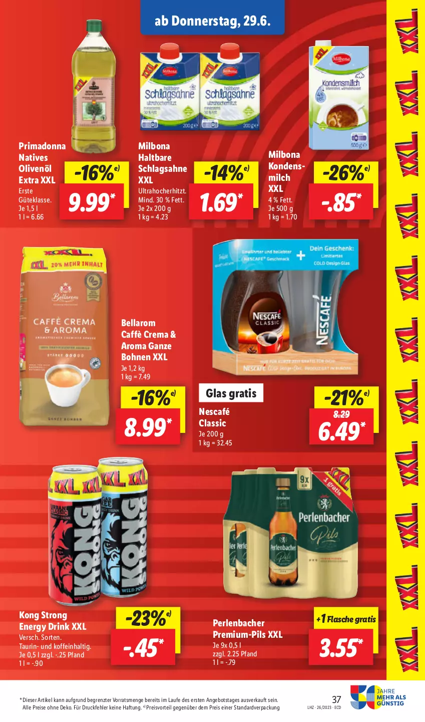 Aktueller Prospekt Lidl - Aktionsprospekt - von 26.06 bis 01.07.2023 - strona 45 - produkty: angebot, bohne, bohnen, Bona, caffè crema, drink, eis, energy drink, flasche, kondensmilch, Milbona, milch, natives olivenöl, Nescafé, olive, oliven, olivenöl, olivenöl extra, perlen, pils, preisvorteil, reis, sahne, schlagsahne, Ti, ZTE