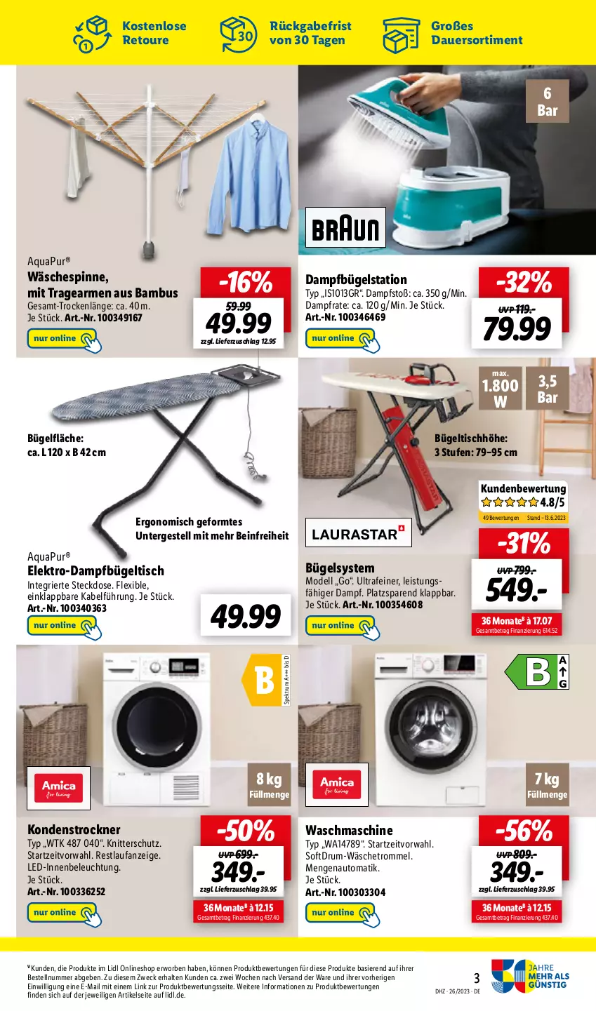 Aktueller Prospekt Lidl - Aktionsprospekt - von 26.06 bis 01.07.2023 - strona 53 - produkty: aqua, AquaPur, auer, auto, bambus, beleuchtung, bügel, Bügelstation, bügeltisch, dampfbügelstation, dell, eis, Elektro, korb, Mode, rum, Spektrum, steckdose, Ti, tisch, Trockner, trommel, wäschespinne, waschmaschine, weck