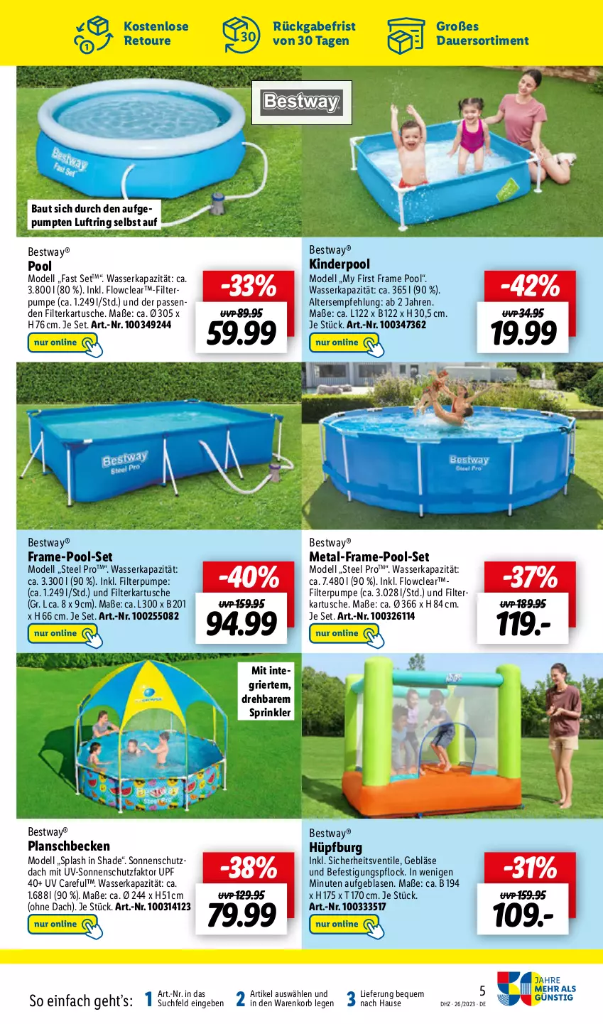 Aktueller Prospekt Lidl - Aktionsprospekt - von 26.06 bis 01.07.2023 - strona 55 - produkty: auer, Bau, bestway, dell, Hüpfburg, Kinder, Kinderpool, korb, Mode, planschbecken, pool, ring, sonnenschutz, steel pro, tee, Ti, wasser