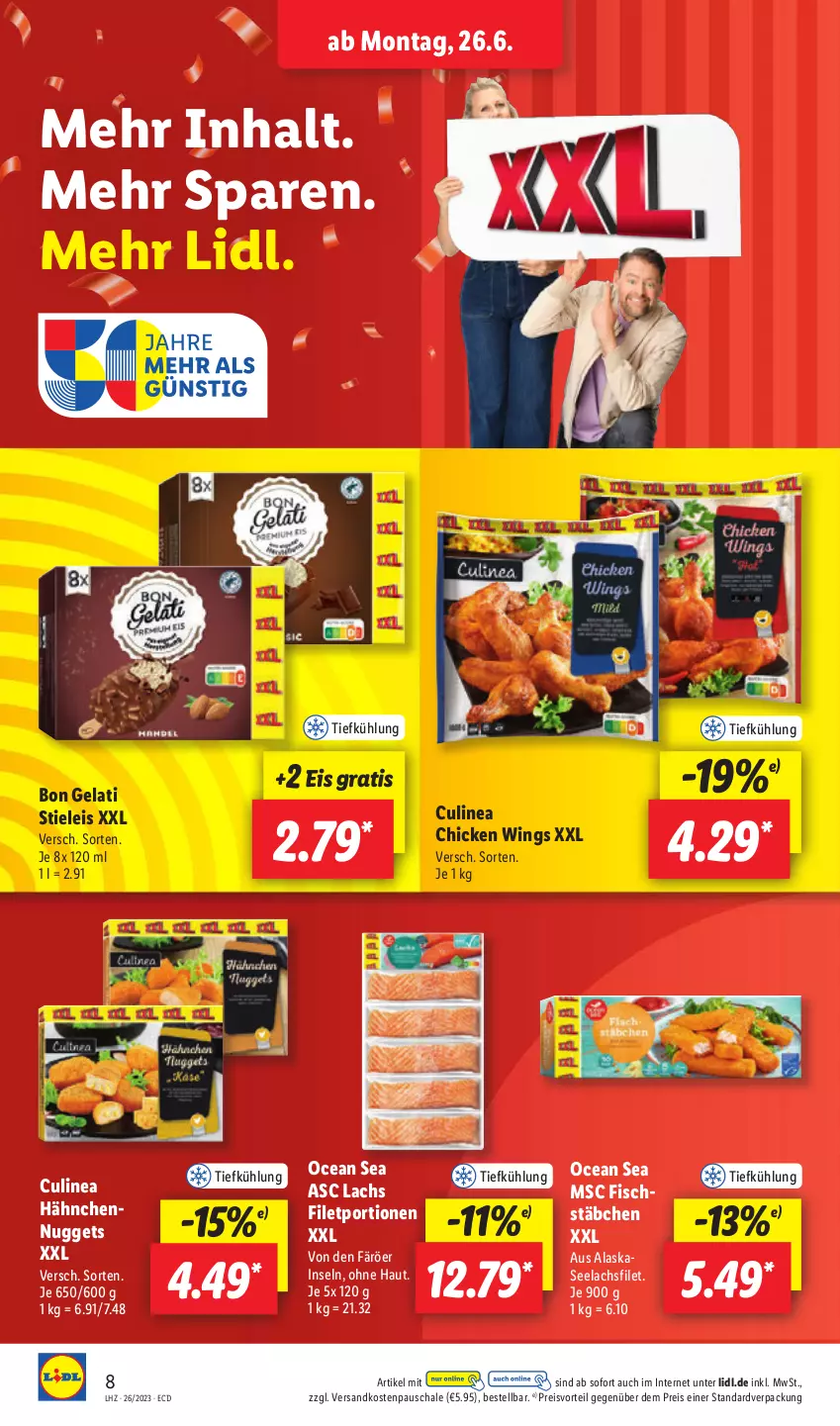 Aktueller Prospekt Lidl - Aktionsprospekt - von 26.06 bis 01.07.2023 - strona 8 - produkty: Bon Gelati, chicken wings, eis, filet, fisch, fischstäbchen, lachs, lachsfilet, ndk, nuggets, preisvorteil, reis, Schal, Schale, seelachsfilet, stieleis, Ti