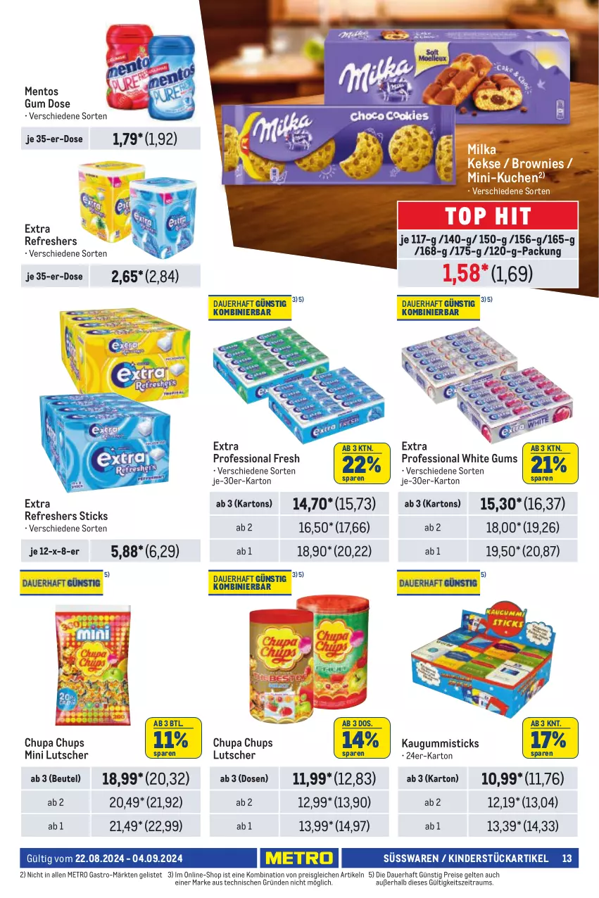 Aktueller Prospekt Metro - Händler Journal - von 22.08 bis 04.09.2024 - strona 13 - produkty: auer, beutel, brownie, brownies, chupa, chupa chups, eis, kaugummi, keks, kekse, Kinder, kuchen, Lutscher, mentos, Metro, metro gastro, milka, reis, süsswaren, Ti