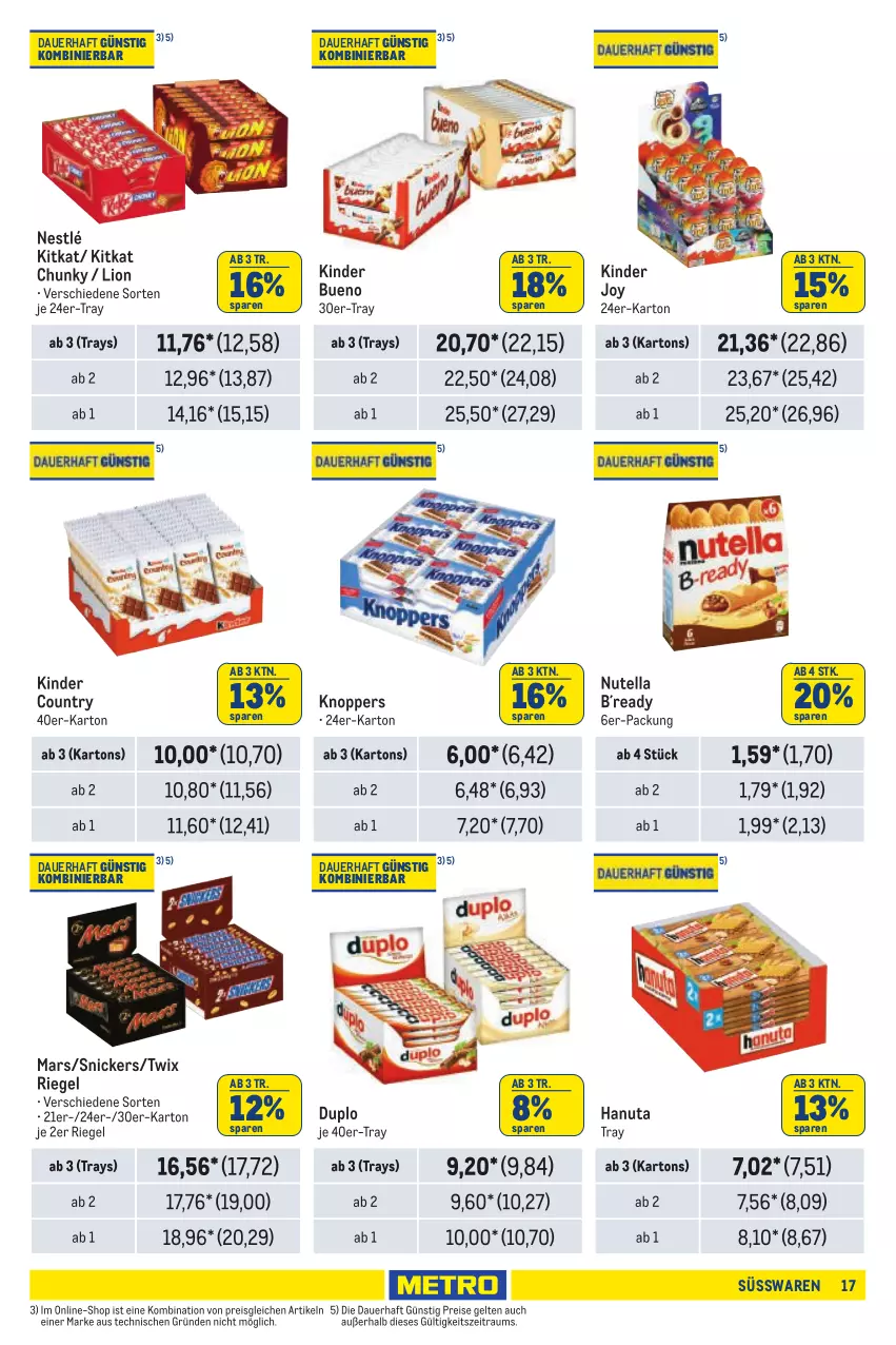 Aktueller Prospekt Metro - Händler Journal - von 22.08 bis 04.09.2024 - strona 17 - produkty: auer, duplo, eis, hanuta, Kinder, kinder bueno, kinder country, kitkat, knoppers, lion, mars, nestlé, nutella, reis, riegel, snickers, süsswaren, Ti, twix