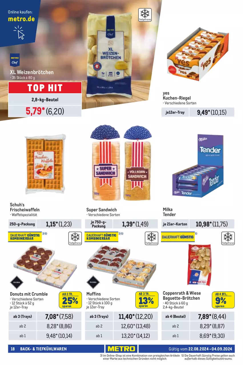 Aktueller Prospekt Metro - Händler Journal - von 22.08 bis 04.09.2024 - strona 18 - produkty: auer, baguette, beutel, brötchen, coppenrath, Donut, donuts, eis, kuchen, Metro, milka, Muffin, muffins, reis, riegel, rum, sandwich, Spezi, tender, Ti, Tiefkühlware, waffeln, weizenbrötchen