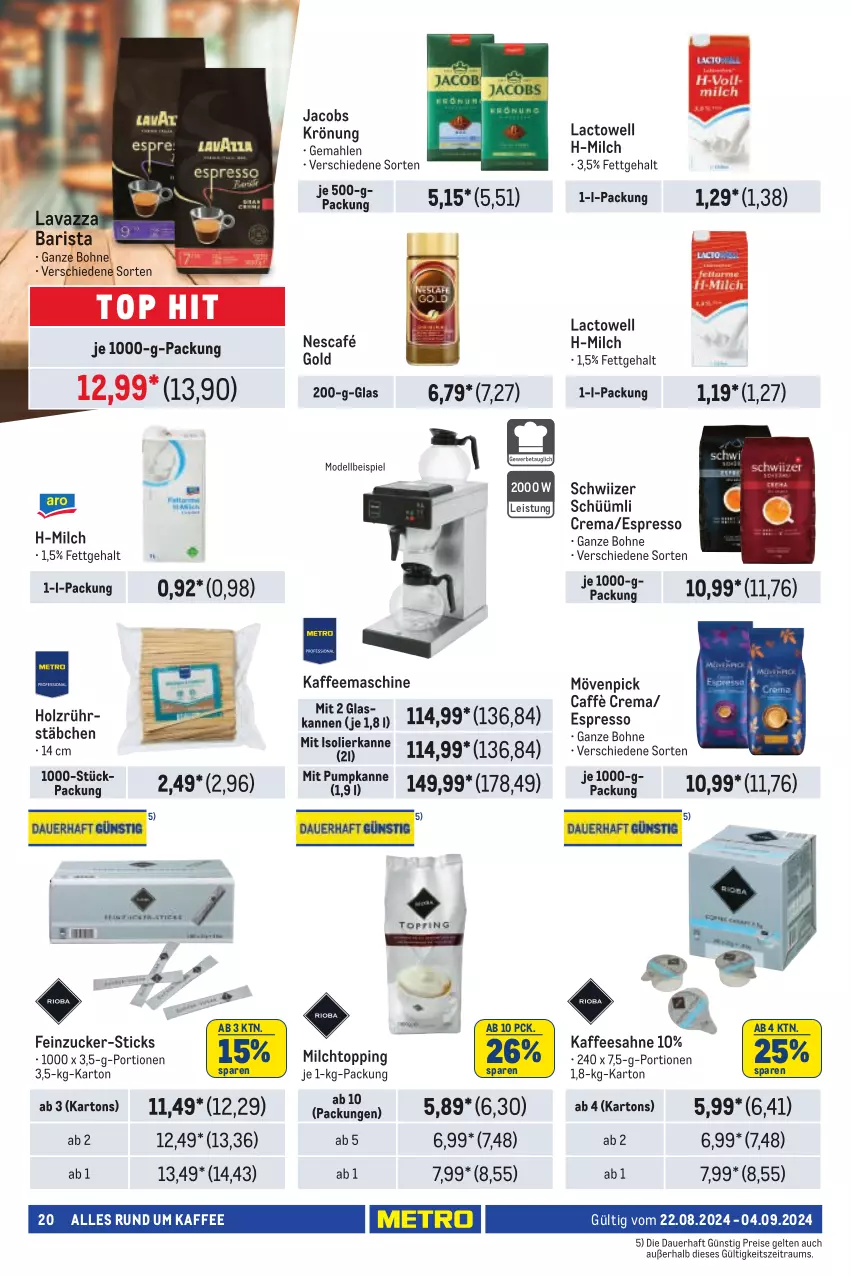 Aktueller Prospekt Metro - Händler Journal - von 22.08 bis 04.09.2024 - strona 20 - produkty: auer, bohne, caffè crema, dell, eis, espresso, Holz, isolierkanne, jacobs, jacobs krönung, kaffee, kaffeemaschine, lavazza, milch, Mode, mövenpick, Nescafé, nescafé gold, reis, sahne, Ti, zucker