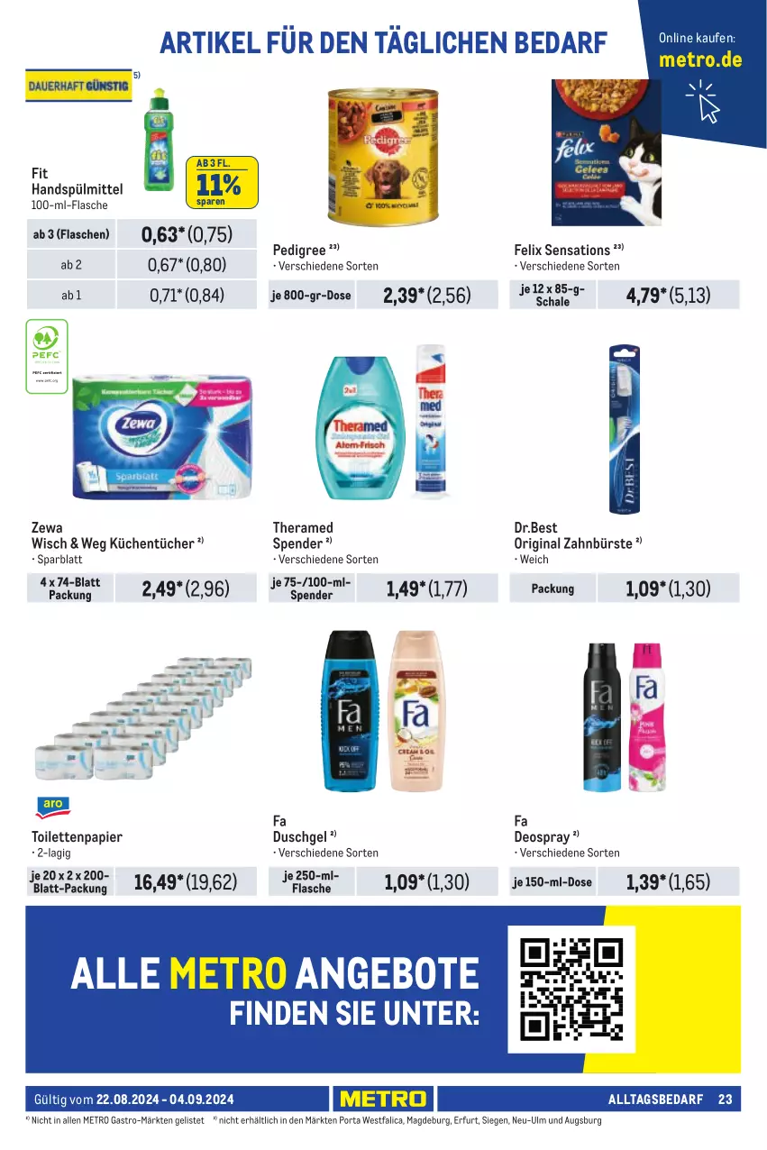 Aktueller Prospekt Metro - Händler Journal - von 22.08 bis 04.09.2024 - strona 23 - produkty: angebot, angebote, bürste, deo, deospray, duschgel, fa duschgel, felix, flasche, gin, küche, Küchen, küchentücher, Metro, metro gastro, papier, pedigree, Schal, Schale, sensations, spülmittel, theramed, Ti, toilettenpapier, tücher, zahnbürste, zewa