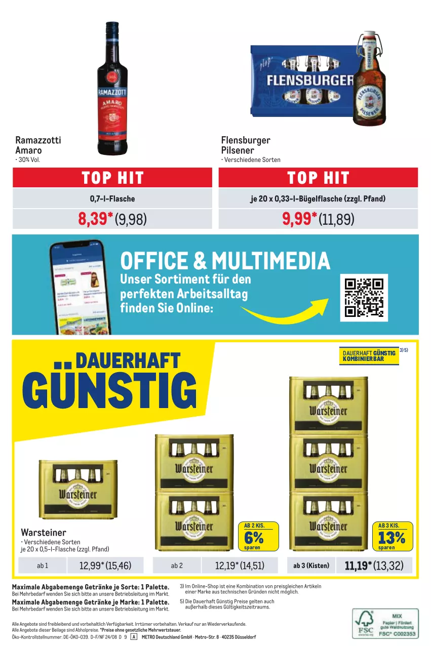 Aktueller Prospekt Metro - Händler Journal - von 22.08 bis 04.09.2024 - strona 24 - produkty: abholpreise, amaro, angebot, angebote, auer, bügel, bügelflasche, burger, eis, flasche, flensburger, getränk, getränke, ilag, Metro, office, Palette, pils, pilsener, rama, ramazzott, ramazzotti, reis, rwe, steiner, Ti, warsteiner, zott