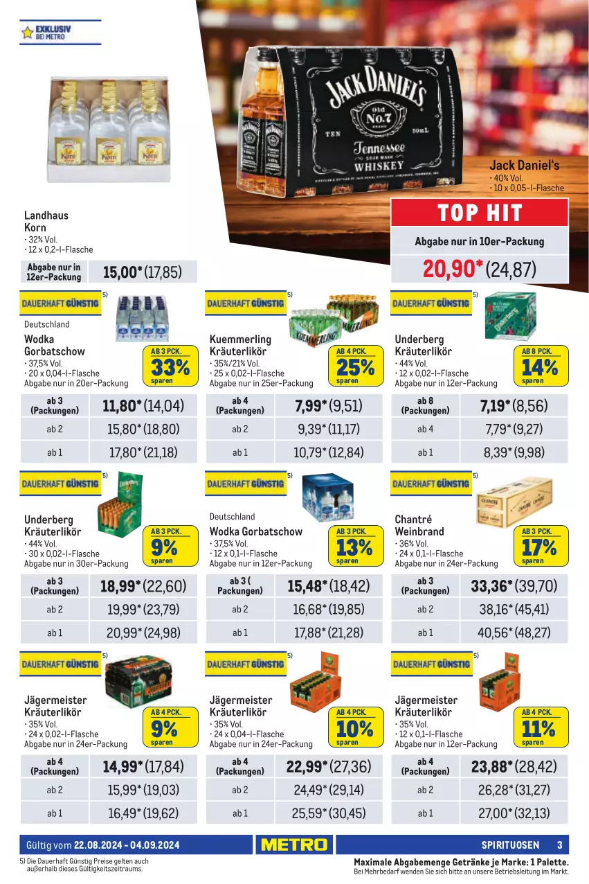 Aktueller Prospekt Metro - Händler Journal - von 22.08 bis 04.09.2024 - strona 3 - produkty: auer, chantré, eis, flasche, Germ, getränk, getränke, Gorbatschow, jack daniel, jägermeister, korn, kräuter, kräuterlikör, kuemmerling, likör, Meister, merl, Palette, reis, spirituosen, Ti, underberg, wein, weinbrand, wodka