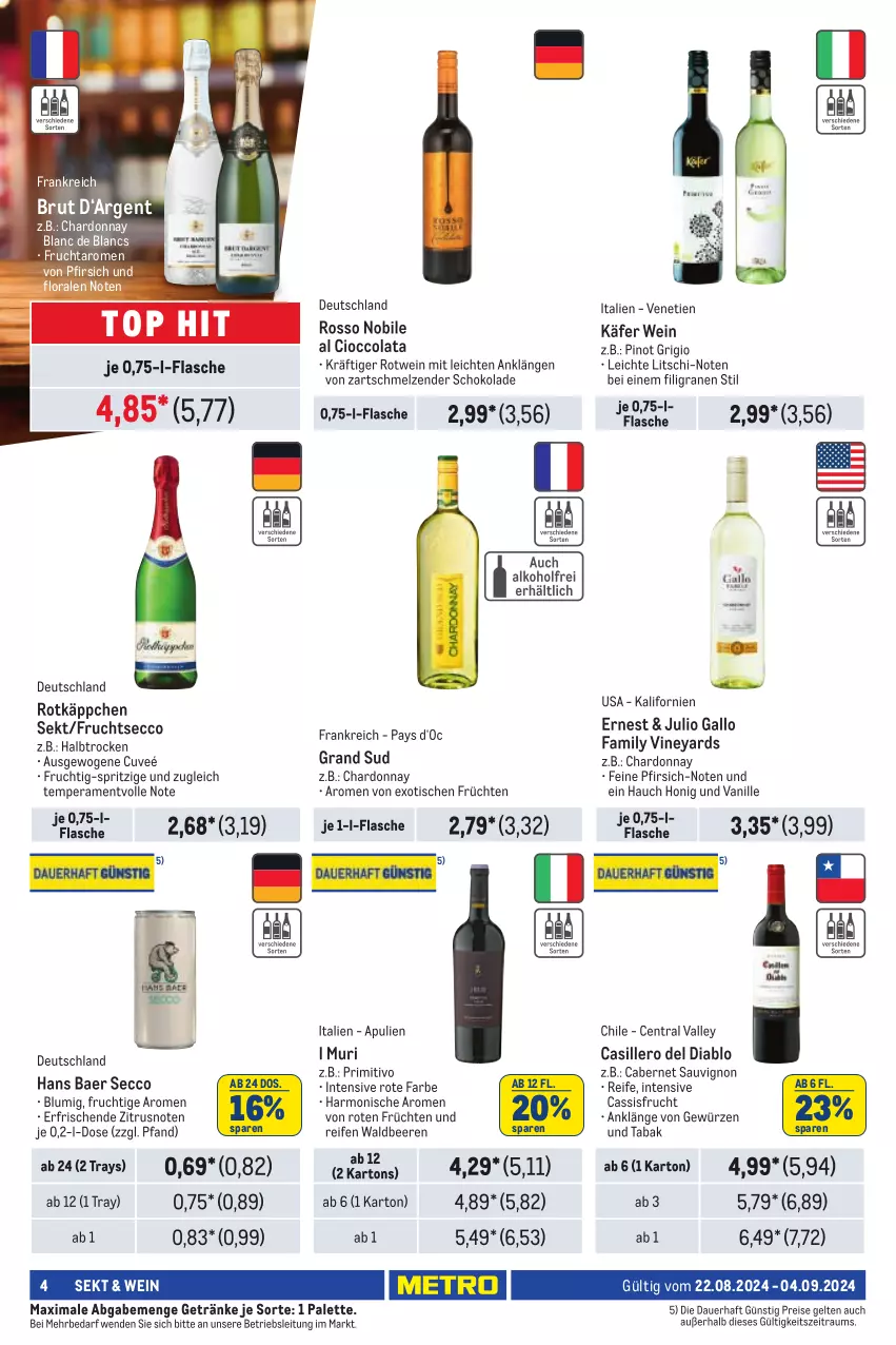 Aktueller Prospekt Metro - Händler Journal - von 22.08 bis 04.09.2024 - strona 4 - produkty: auer, beere, beeren, brut, cabernet, cabernet sauvignon, cassis, chardonnay, cola, de blancs, ecco, eis, flasche, frucht, früchte, früchten, fruchtsecco, gallo, gallo family, getränk, getränke, gewürz, grand sud, honig, käfer, Palette, pfirsich, Pinot, pinot grigio, primitivo, reifen, reis, rotkäppchen, rotwein, sauvignon, schoko, schokolade, sekt, Ti, tisch, vanille, wein