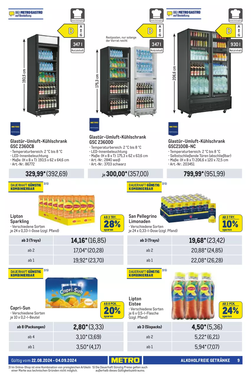 Aktueller Prospekt Metro - Händler Journal - von 22.08 bis 04.09.2024 - strona 9 - produkty: alkohol, alkoholfreie getränke, auer, beleuchtung, beutel, Cap, capri-sun, eis, eistee, elle, flasche, getränk, getränke, Glastür, kühlschrank, limo, limonade, limonaden, lipton, reis, san pellegrino, Schrank, tee, Ti