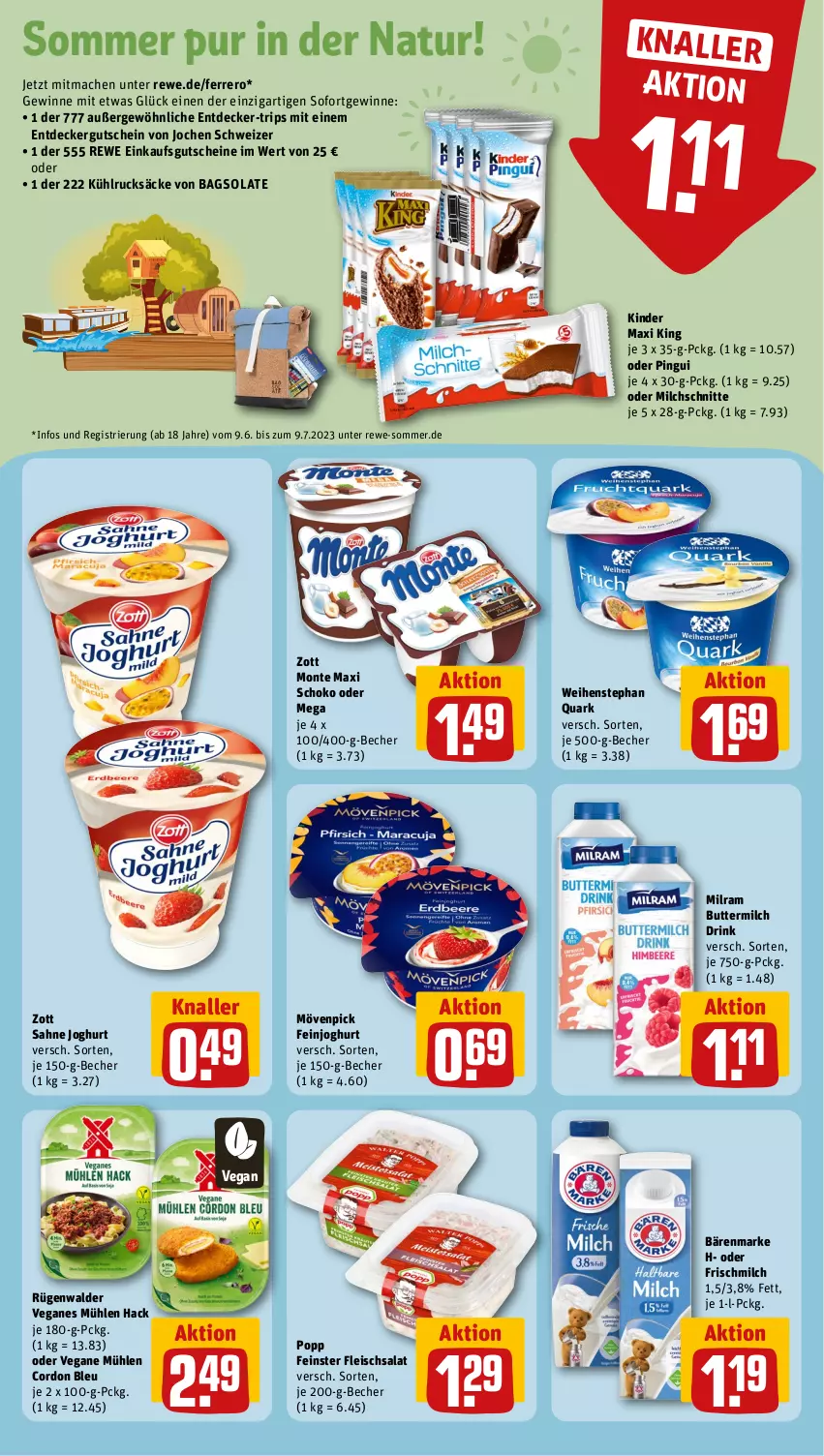 Aktueller Prospekt Rewe - Prospekte - von 03.07 bis 08.07.2023 - strona 16 - produkty: bärenmarke, Becher, butter, buttermilch, cordon bleu, decke, drink, eis, feinjoghurt, ferrero, fleisch, fleischsalat, gutschein, gutscheine, joghur, joghurt, Kinder, Kinder Maxi, kinder maxi king, mac, milch, Milchschnitte, milram, monte, mövenpick, natur, pingui, Popp, quark, rügenwalder, sahne, sahne joghurt, salat, schoko, Ti, weihenstephan, zott, Zott Monte