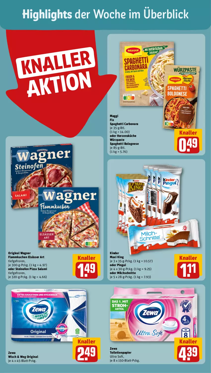 Aktueller Prospekt Rewe - Prospekte - von 03.07 bis 08.07.2023 - strona 2 - produkty: bolognese, Bona, elsässer art, flammkuchen, gin, Kinder, Kinder Maxi, kinder maxi king, küche, kuchen, lamm, maggi, maggi fix, milch, Milchschnitte, Ofen, original wagner, papier, pingui, pizza, salami, spaghetti, spaghetti bolognese, steinofen, steinofen pizza, Ti, toilettenpapier, wagner, zewa