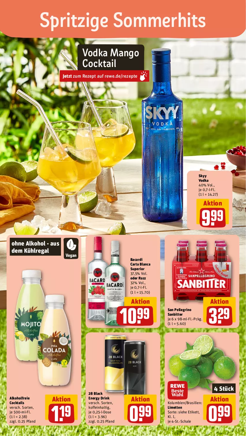 Aktueller Prospekt Rewe - Prospekte - von 03.07 bis 08.07.2023 - strona 4 - produkty: alkohol, aus dem kühlregal, bacardi, cocktail, cocktails, drink, elle, energy drink, kühlregal, lack, limette, limetten, mango, Mett, metten, ohne alkohol, regal, rezept, rezepte, san pellegrino, Schal, Schale, skyy, Skyy Vodka, Ti, vodka