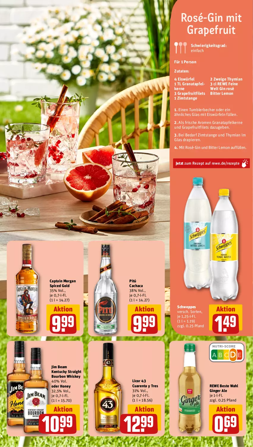 Aktueller Prospekt Rewe - Prospekte - von 03.07 bis 08.07.2023 - strona 5 - produkty: apfel, Becher, bitter lemon, bourbon, bourbon whiskey, Cachaca, Cap, captain morgan, eis, eiswürfel, filet, filets, gin, ginger, ginger ale, grana, granatapfel, granatapfelkerne, grapefruit, jim beam, kentucky straight, licor, licor 43, Rana, rewe beste wahl, rewe feine welt, rezept, rezepte, schweppes, Ti, tuc, whiskey, würfel