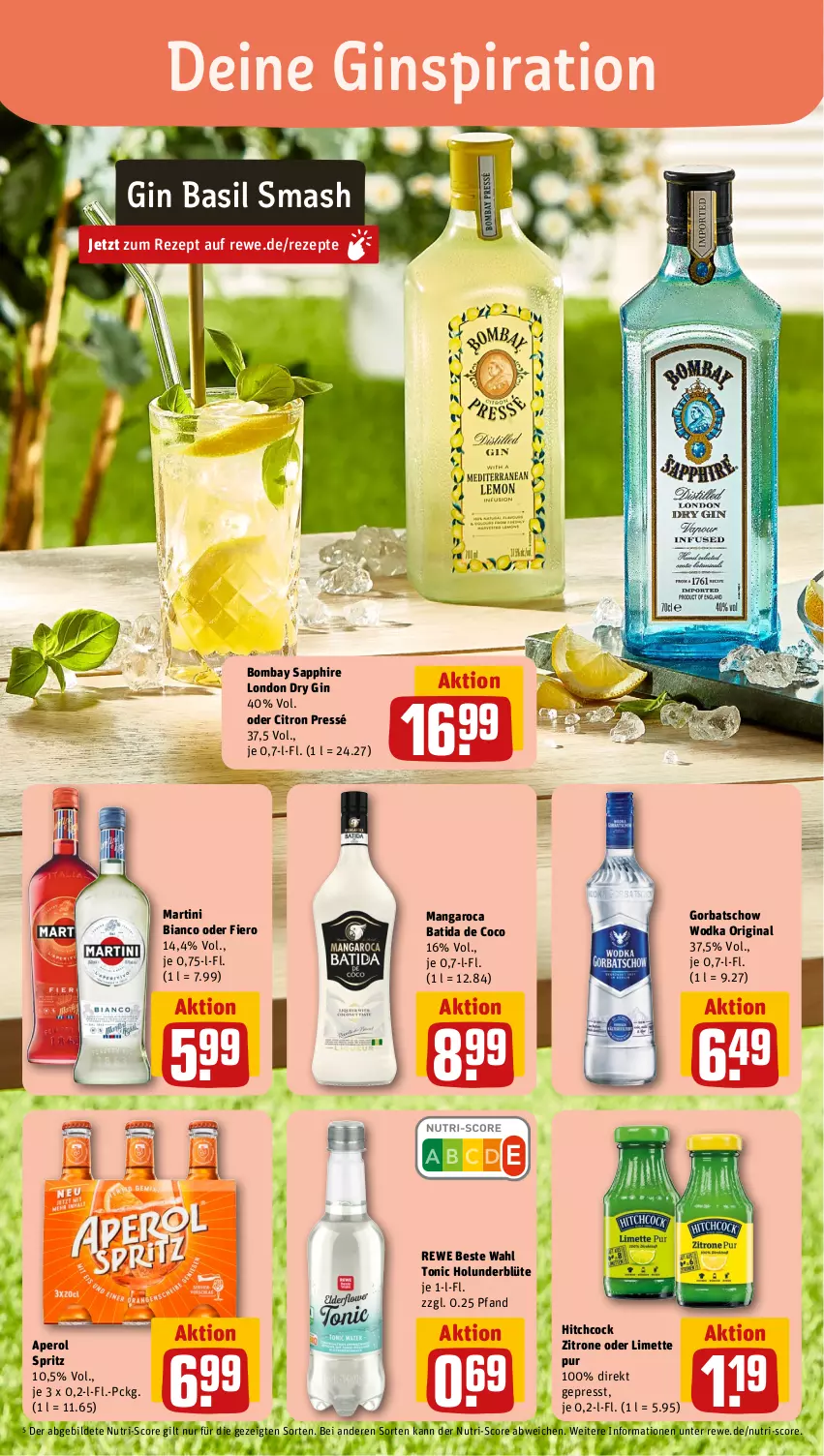 Aktueller Prospekt Rewe - Prospekte - von 03.07 bis 08.07.2023 - strona 6 - produkty: aperol, batida, Blüte, bombay sapphire, dry gin, gin, Gorbatschow, gorbatschow wodka, holunder, holunderblüte, limette, london dry, london dry gin, mangaroca, martini, Mett, rewe beste wahl, rezept, rezepte, sapphire, Ti, tonic, wodka, zitrone