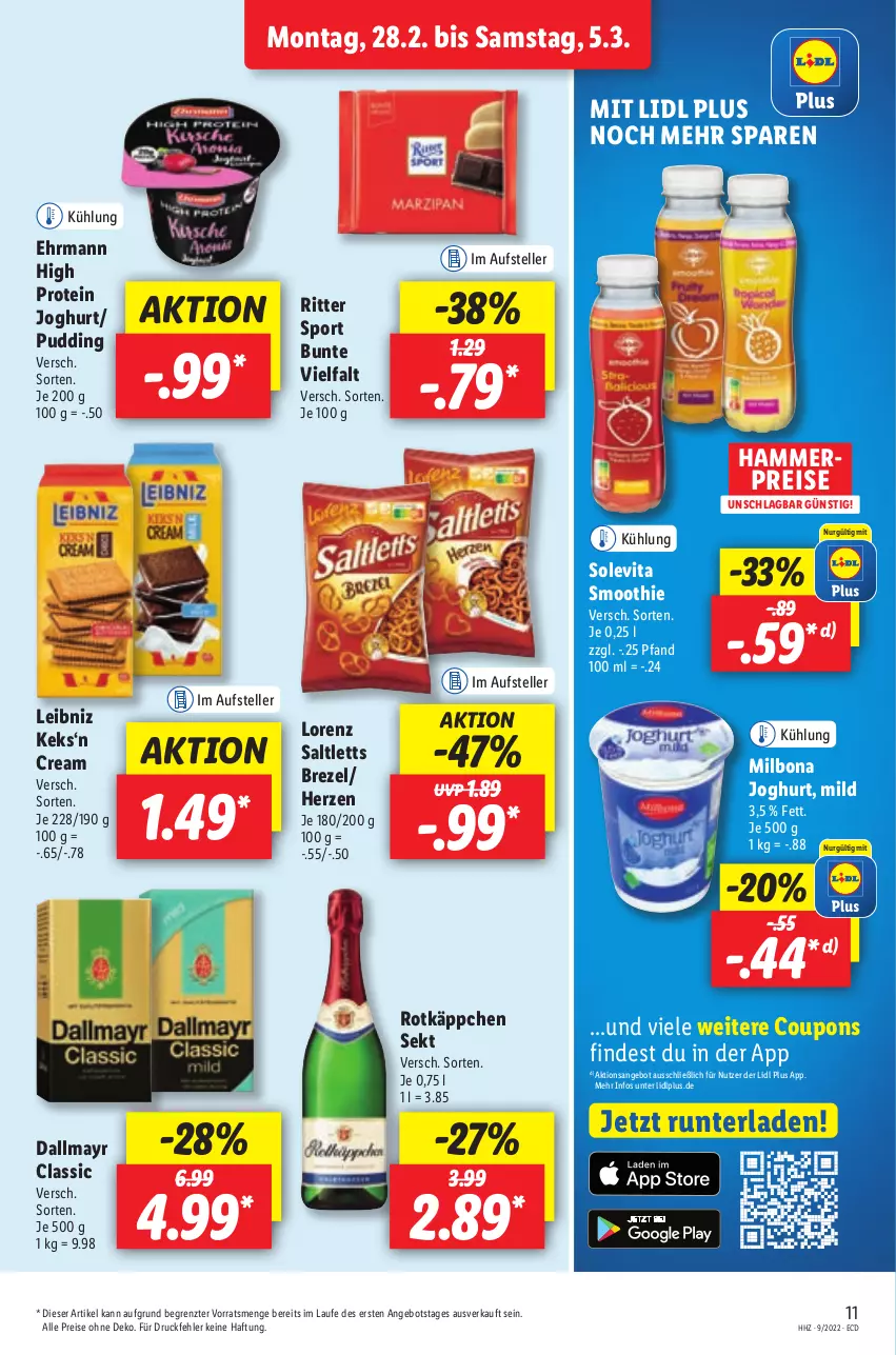 Aktueller Prospekt Lidl - Aktionsprospekt - von 28.02 bis 05.03.2022 - strona 11 - produkty: angebot, Bona, brezel, coupon, coupons, dallmayr, ehrmann, eis, elle, joghur, joghurt, keks, leibniz, lorenz, Milbona, pudding, reis, ritter, ritter sport, rotkäppchen, saltletts, sekt, smoothie, Sport, teller, Ti, vita, ZTE