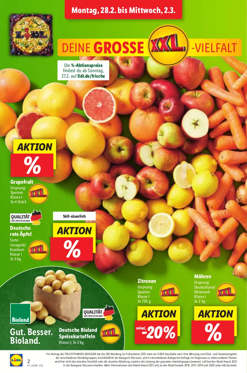 Aktueller Prospekt Lidl - Aktionsprospekt - von 28.02 bis 05.03.2022 - strona 2 - produkty: Abtei, aktionspreis, angebot, bio, bioland, discount, eis, frucht, grapefruit, kartoffel, kartoffeln, magazin, möhren, obst, reis, speisekartoffeln, Ti, und gemüse, zitrone, zitronen