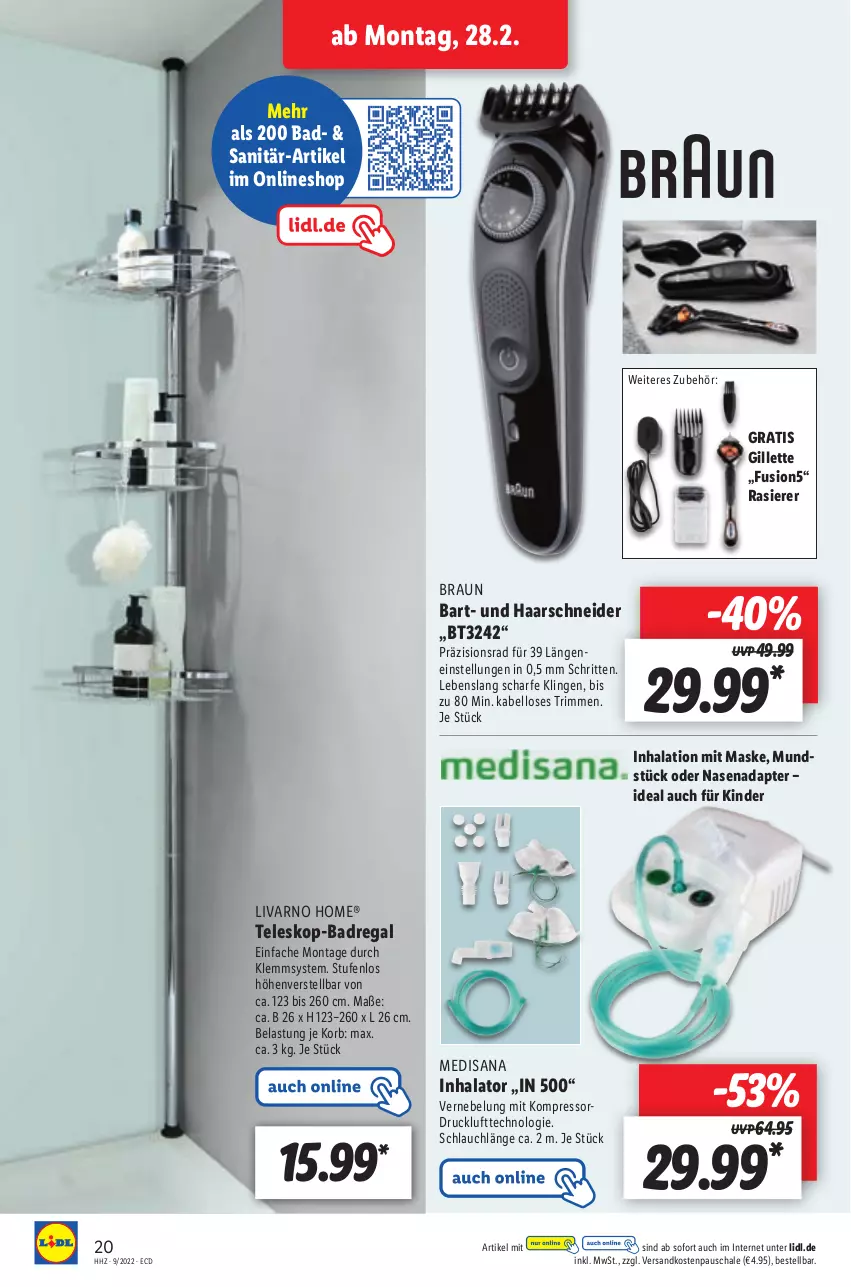 Aktueller Prospekt Lidl - Aktionsprospekt - von 28.02 bis 05.03.2022 - strona 20 - produkty: adapter, Bad, Badregal, braun, fusion5, gillette, haarschneider, isana, Kinder, kompressor, korb, Maske, medisana, ndk, rasierer, regal, sana, Schal, Schale, schlauch, Teleskop, Ti