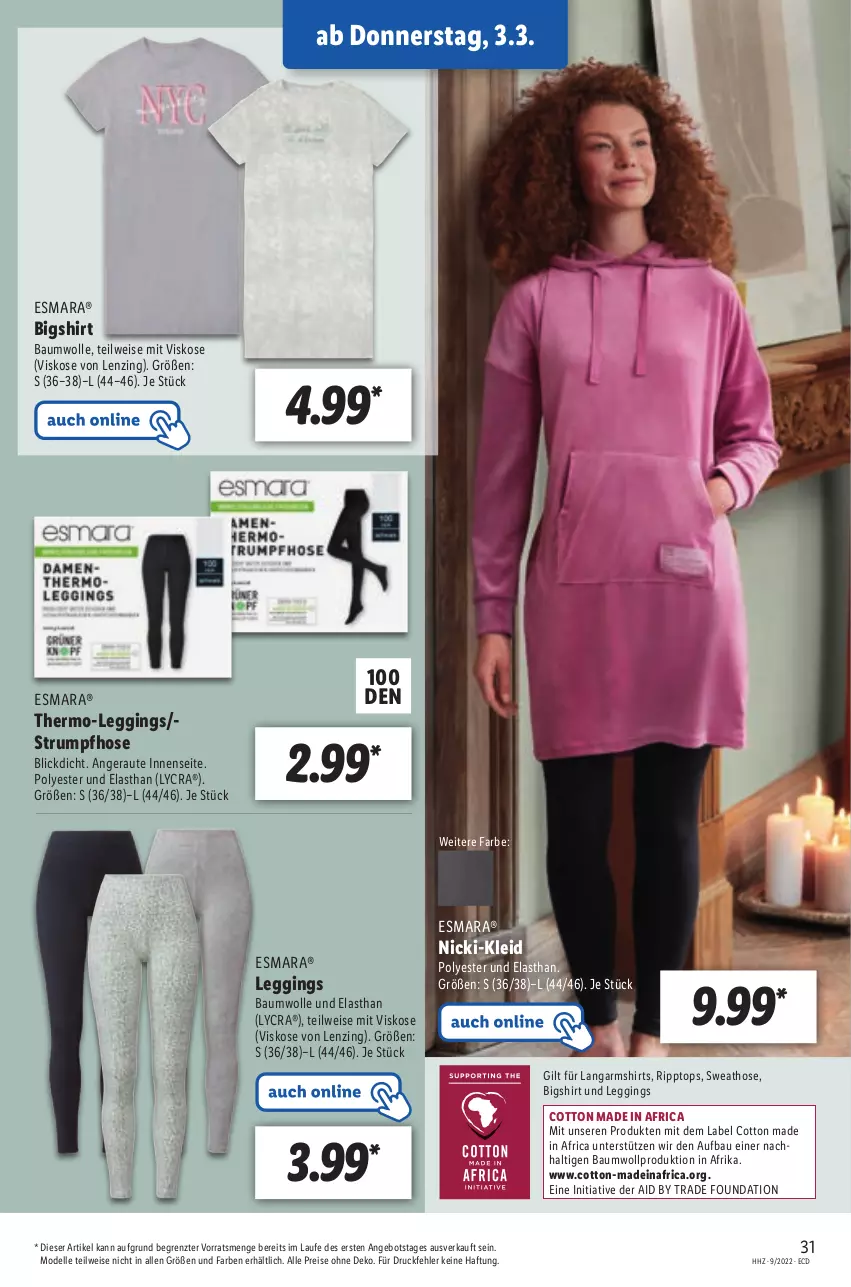 Aktueller Prospekt Lidl - Aktionsprospekt - von 28.02 bis 05.03.2022 - strona 31 - produkty: angebot, Bau, baumwolle, dell, eis, elle, esmara, gin, hose, kleid, Langarmshirt, leggings, lenzing, Mode, reis, rum, shirt, shirts, Strumpfhose, Sweathose, Ti, wolle, ZTE