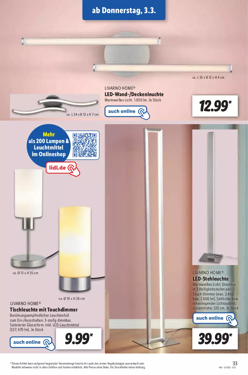 Aktueller Prospekt Lidl - Aktionsprospekt - von 28.02 bis 05.03.2022 - strona 33 - produkty: angebot, aust, decke, deckenleuchte, dell, dimmer, eis, elle, Lampe, led-stehleuchte, Leuchte, leuchten, leuchtmittel, Liege, Mode, reis, Schal, stehleuchte, Ti, tisch, tischleuchte, ZTE