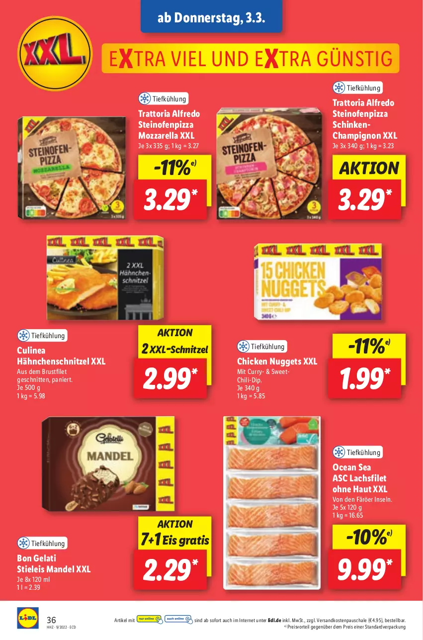 Aktueller Prospekt Lidl - Aktionsprospekt - von 28.02 bis 05.03.2022 - strona 36 - produkty: Bon Gelati, brustfilet, champignon, chicken nuggets, chili, curry, dip, eis, filet, Hähnchenschnitzel, lachs, lachsfilet, mandel, mozzarella, ndk, nuggets, Ofen, pizza, preisvorteil, reis, rel, Ria, Schal, Schale, schinken, schnitten, schnitzel, steinofen, stieleis, Ti