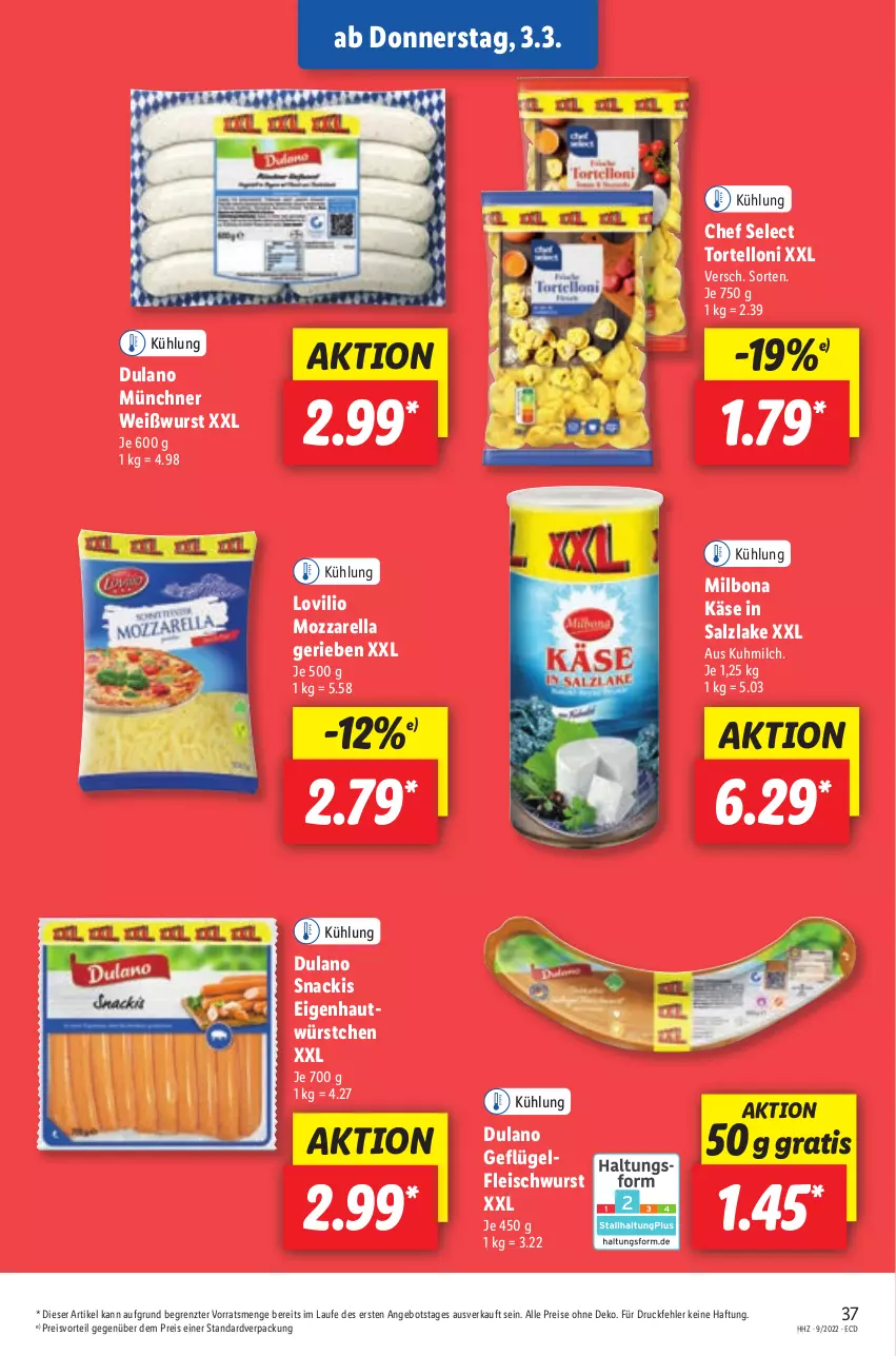 Aktueller Prospekt Lidl - Aktionsprospekt - von 28.02 bis 05.03.2022 - strona 37 - produkty: angebot, Bona, dulano, eis, fleisch, fleischwurst, Geflügel, Käse, Milbona, milch, mozzarella, preisvorteil, reis, rel, salz, snack, Ti, torte, tortelloni, Weißwurst, wurst, würstchen, ZTE