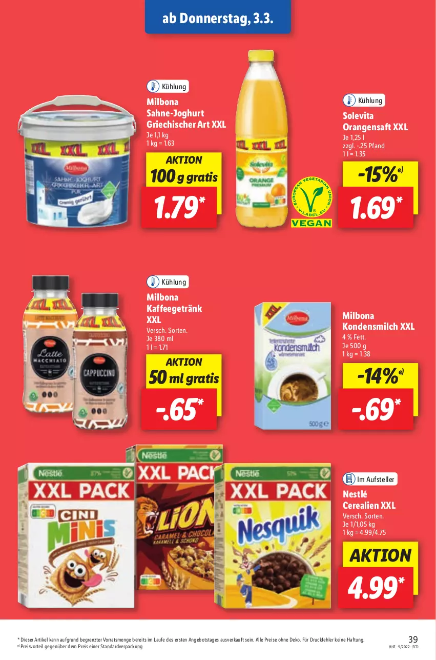 Aktueller Prospekt Lidl - Aktionsprospekt - von 28.02 bis 05.03.2022 - strona 39 - produkty: angebot, Bona, cerealien, eis, elle, getränk, joghur, joghurt, kaffee, kondensmilch, Milbona, milch, nestlé, orange, orangen, orangensaft, preisvorteil, reis, saft, sahne, teller, Ti, vita, ZTE