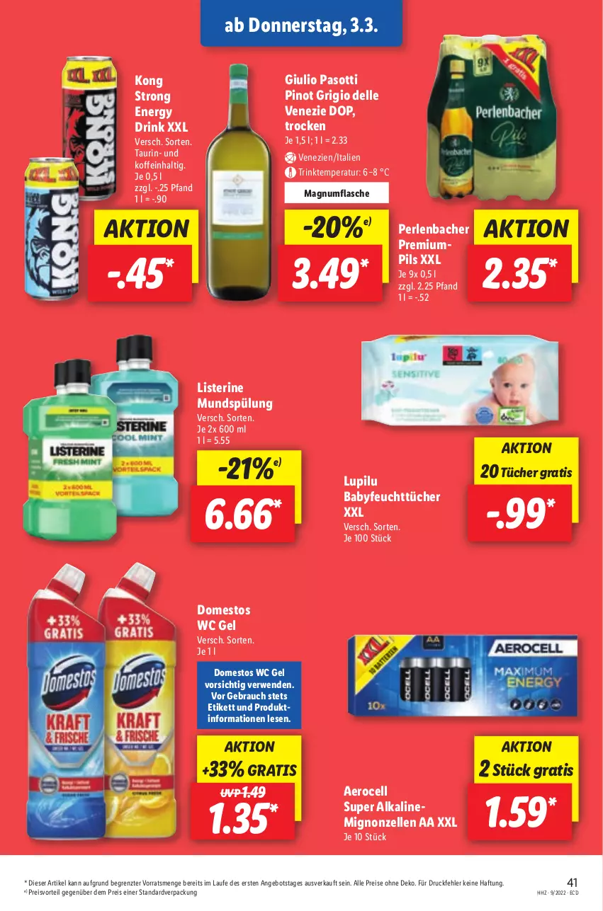 Aktueller Prospekt Lidl - Aktionsprospekt - von 28.02 bis 05.03.2022 - strona 41 - produkty: angebot, dell, domestos, drink, eis, elle, energy drink, feuchttücher, flasche, listerine, lupilu, magnum, mundspülung, perlen, pils, Pinot, pinot grigio, preisvorteil, Rauch, reis, rwe, spülung, Ti, tücher, ZTE