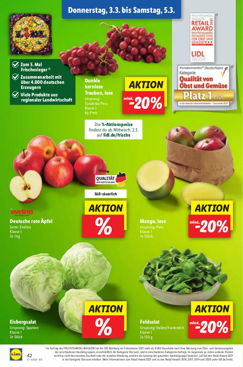 Aktueller Prospekt Lidl - Aktionsprospekt - von 28.02 bis 05.03.2022 - strona 42 - produkty: Abtei, aktionspreis, angebot, discount, eis, eisbergsalat, feldsalat, frucht, magazin, mango, obst, reis, salat, Ti, trauben, und gemüse